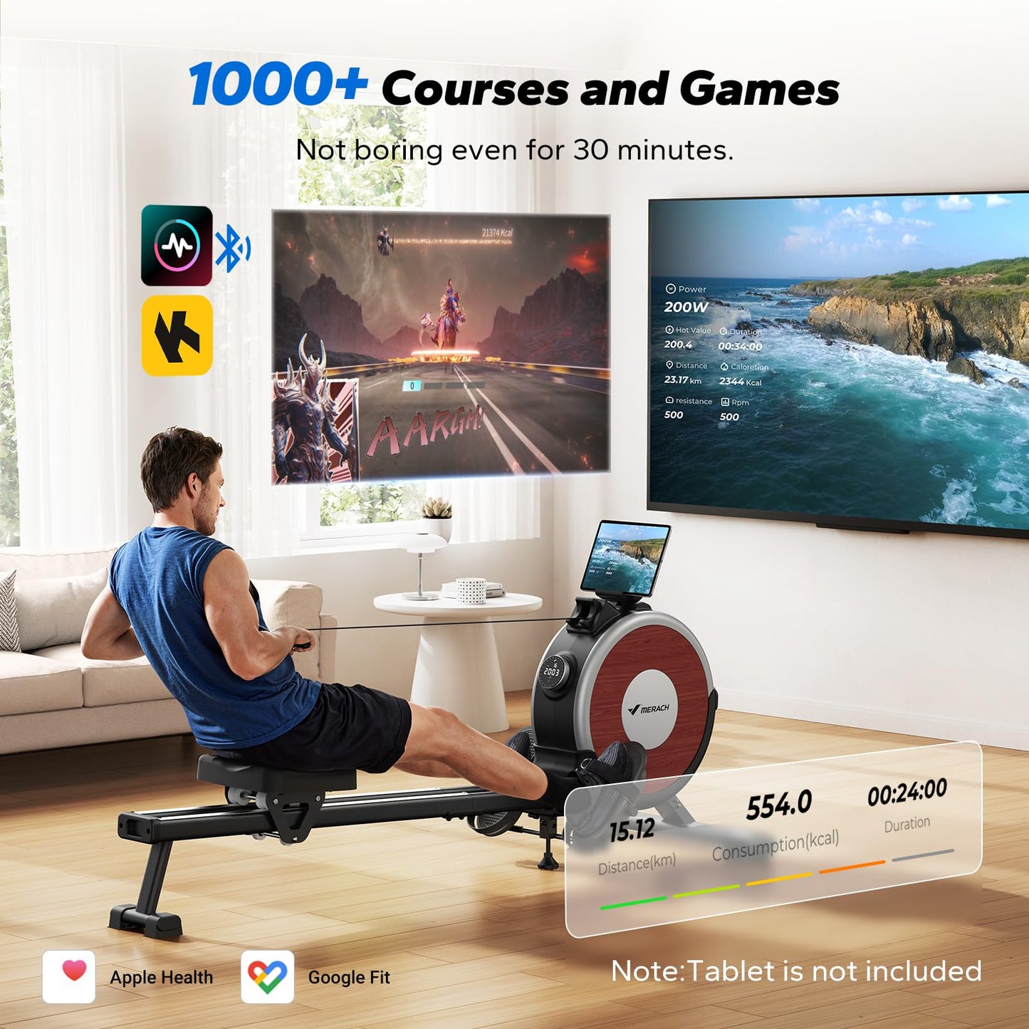 Rowing Machine, MERACH Bluetooth Magnetic Rower Machine with Dual Slide Rail, 16 Levels of Electromagnetic Resistance, Max 350lb Weight Capacity, App Compatible, Rowing Machines for Home Use