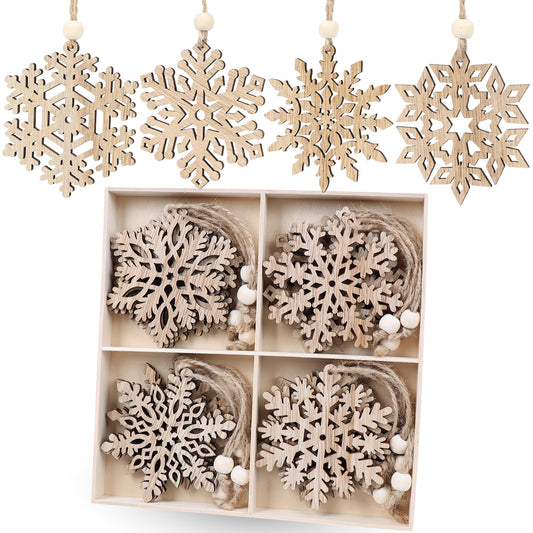 16pieces Wooden Snowflake Ornaments, 3inch Rustic Snowflakes Christmas Ornaments for Crafts Christmas Tree Boho Winter Decoration Gifts 8 Styles