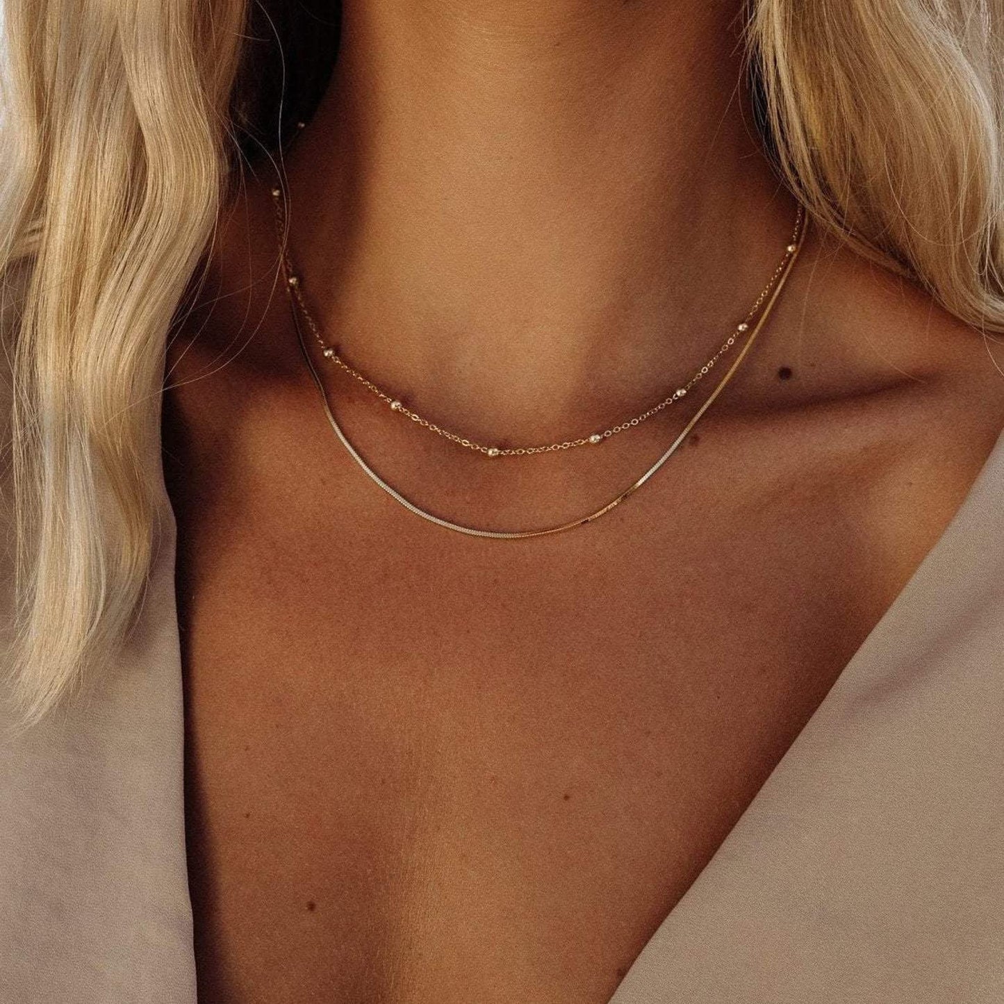 Freekiss 14K Gold Plated Gold Necklace for Women, Layering Tiny Herringbone Necklace for Women Dainty Simple Snake Chain Necklace Set Stackable Minimalist Gold Choker Womens Jewelry Gifts