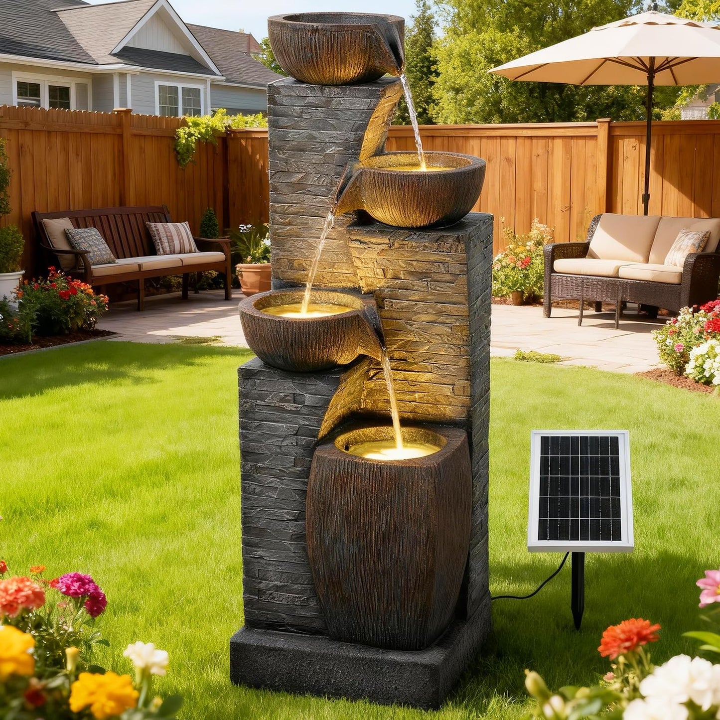 KAISOKU Solar Water Fountain Outdoor Garden, 38.2" Tall Stone Texture Modern Outdoor Fountain with 4 Tiers Cascading Bowls and Pump Solar Panel for Patio, Deck, Porch, Backyard Home Decor
