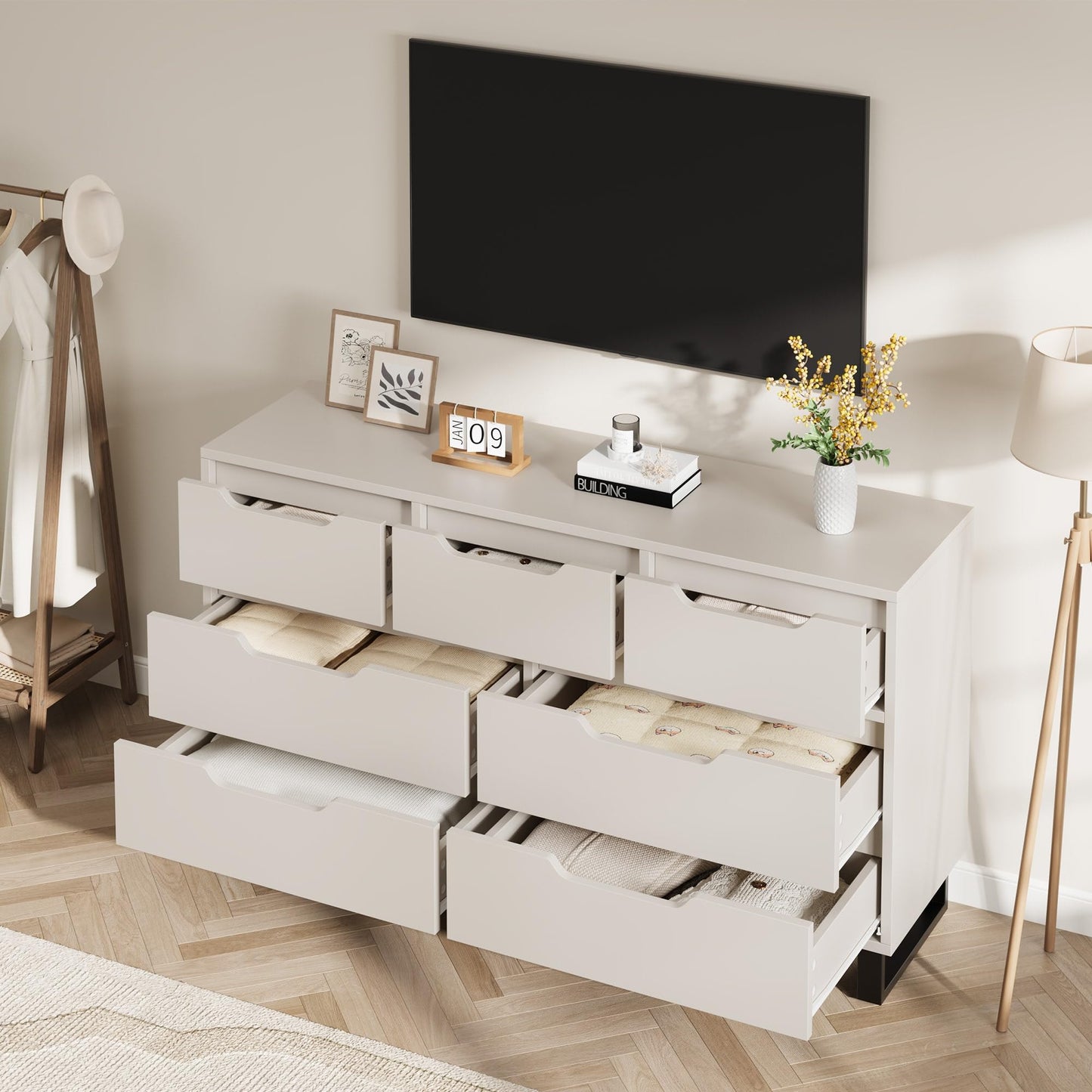 GarveeHome 7 Dresser for Bedroom, 55" Wide Dresser, Freestanding Horizontal Drawer with Storage, Wooden Closet Chest Storage for Living Room, Hallway, Entryway, White