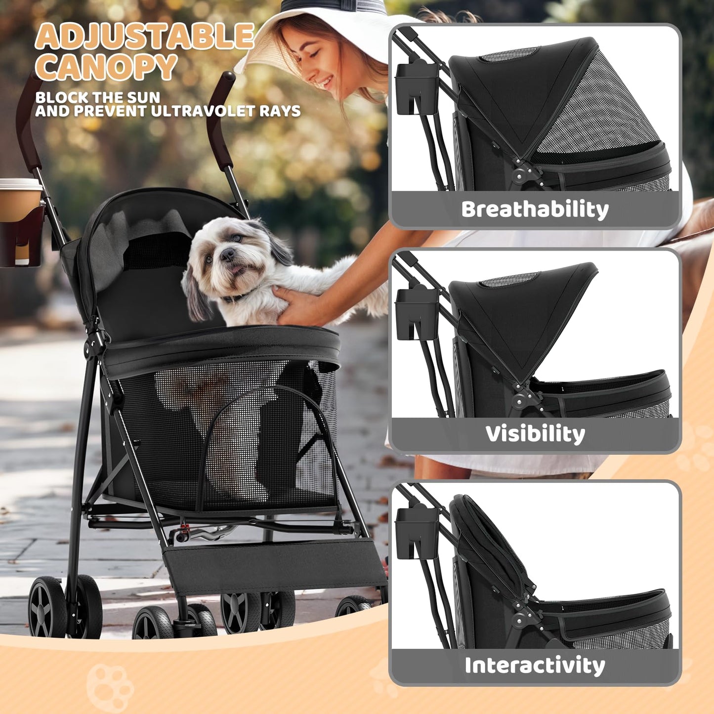 Magshion Compact Pet Stroller for Small-Medium Dogs/Cats up to 22lbs, 4-Wheel Lightweight Umbrella Shaped Portable Puppy Travel Jogger with Breathable Mesh, Cup Holder & Rear Storage, Leopard Print