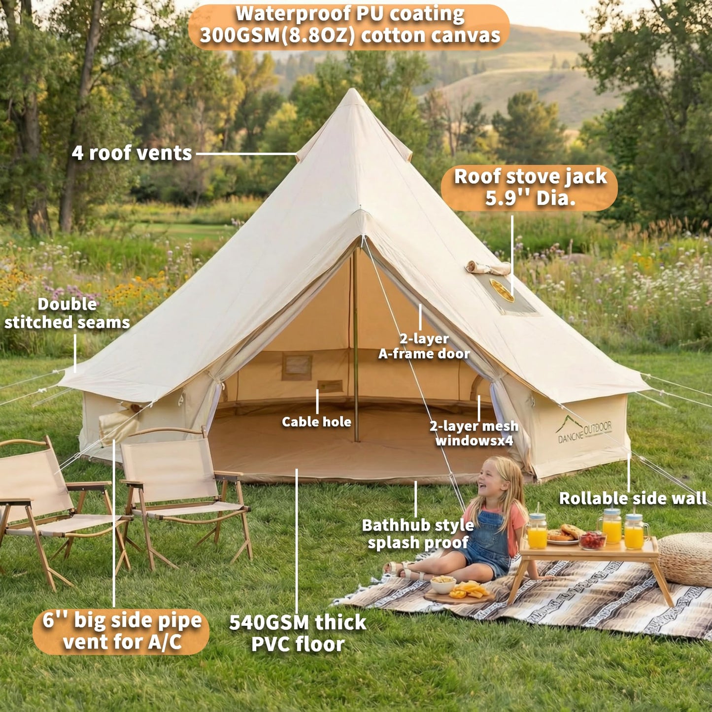 DANCHEL OUTDOOR 4 Season Canvas Yurt Tent with Large Wood Stove, Heavy Duty Bell Tent with Stove Jack 8 Person Winter Camping Glamping, 6m/20ft
