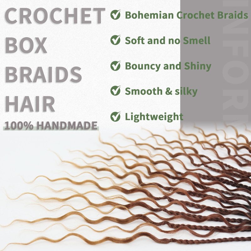 24 Inch Goddess Box Braids Crochet Hair 7 Packs Boho Braids Pre Looped Crochet Braids With Curly Ends Synthetic Bohemian Crochet Braiding Hair for Women, 1B/30/27