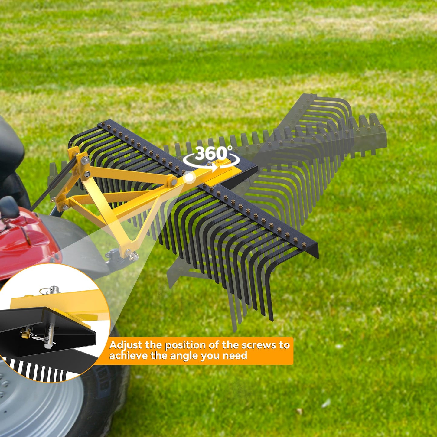 YINTATECH 60 inch Landscape Rake Tractor Attachments, 3 Point Hitch Rock Rake for Category 1, Tractor Tow-Behind Rake with 360 Degree Rotation for Garden Driveway Collecting Gravels Leaves Branches