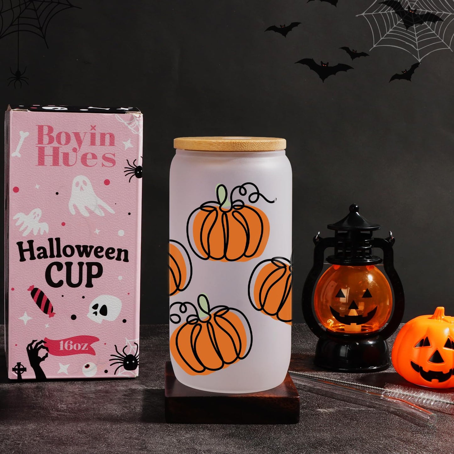 BOYIN HUES Halloween Pumpkin Cups - Cute Halloween Gifts Spooky Boo Basket Stuffers for Women, Teens, Kids - 16oz Glass Iced Coffee Cup w/Lid and Straw - Trick or Treat Party Favors Fall Decor