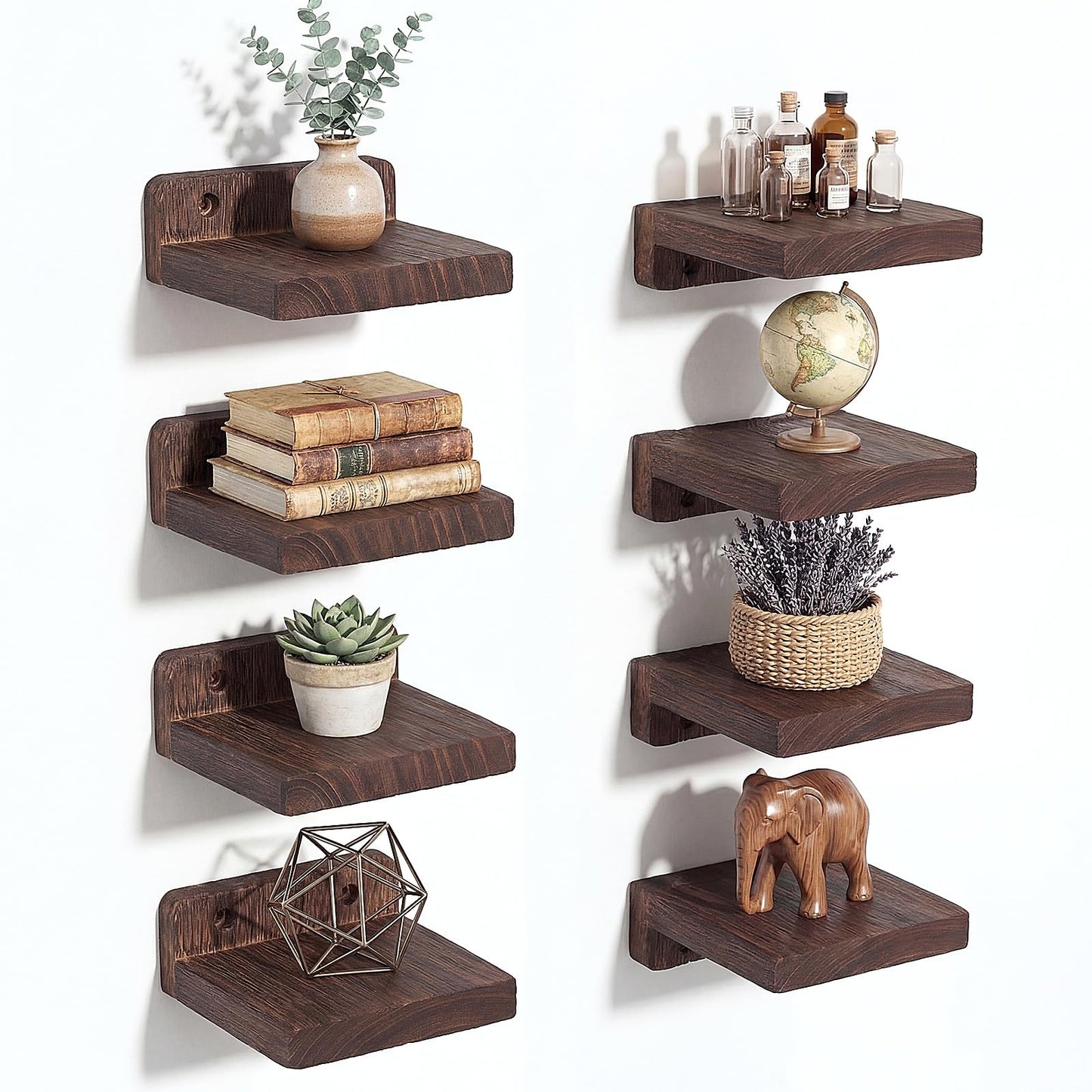AceOrbit 8 Pcs Small Wall Shelf Rustic Wood Floating Shelves Wall Mounted Storage Supplies for Walls Living Room Bedroom Picture Frames Plants Kitchen Office Decor (Brown,1.57-1.97 Inch)