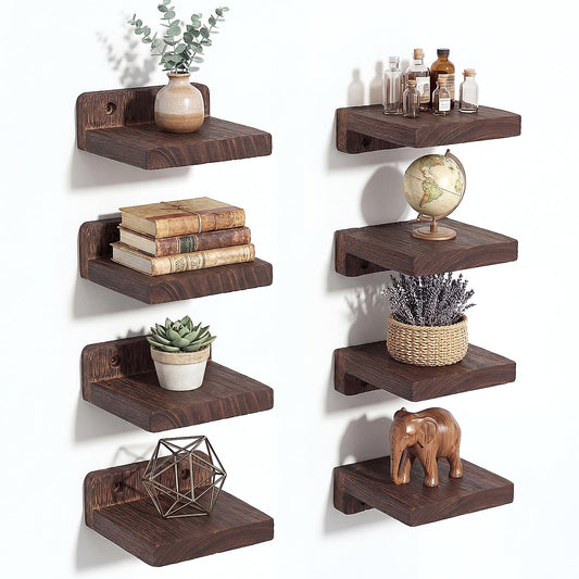 AceOrbit 8 Pcs Small Wall Shelf Rustic Wood Floating Shelves Wall Mounted Storage Supplies for Walls Living Room Bedroom Picture Frames Plants Kitchen Office Decor (Brown,1.57-1.97 Inch)