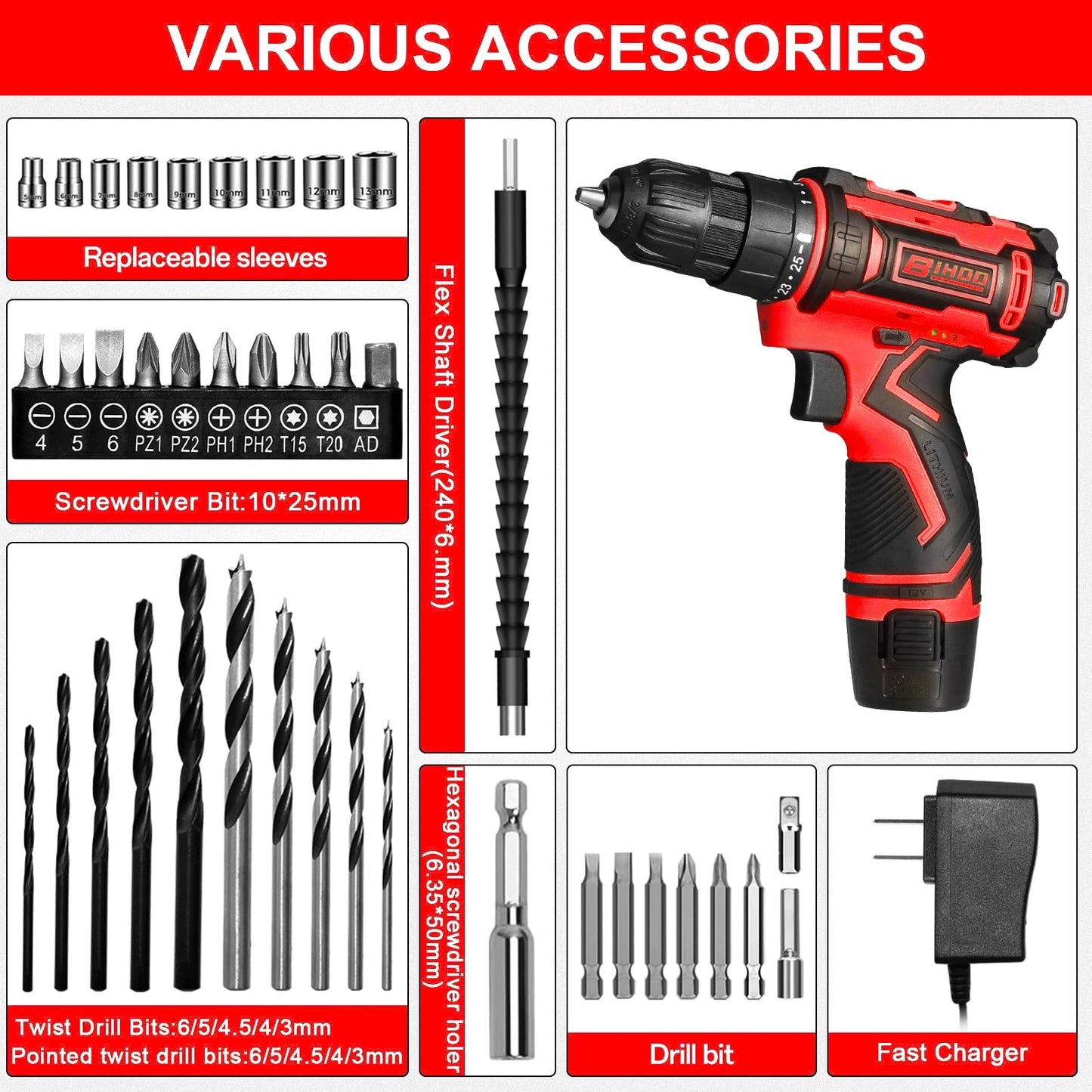 12V Cordless Drill Driver Set, 43pcs Home Tool Kit with 2-Speed & 25+1 Torque, LED Light, Fast Charger, Battery Included for DIY, Wood Metal Plastic, Gift for Men Women
