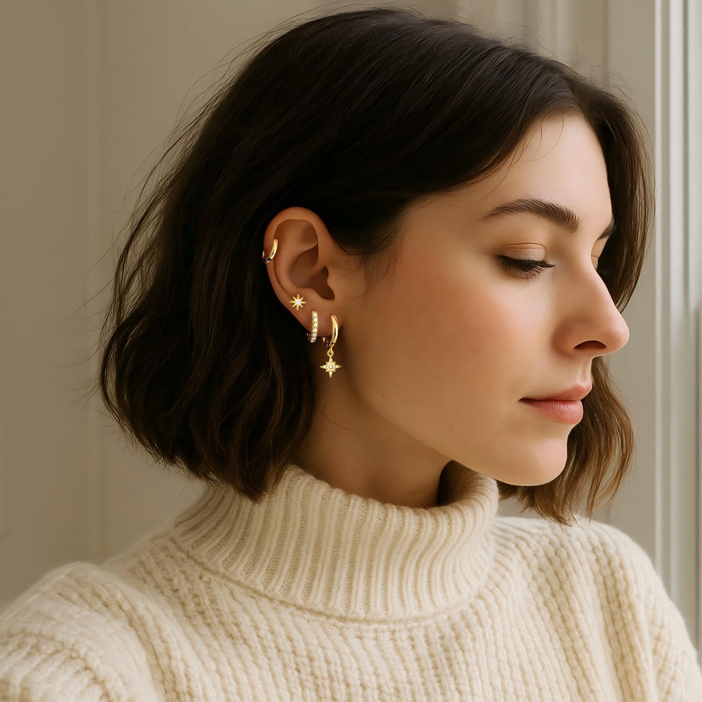 Gold Star Earrings for Women Gold Star Dangle Stud Stack Earrings Set, Multiple Piercing Hypoallergenic Lightweight Cute Women Earrings for Sensitive Ears Jewelry Set Gifts for Women