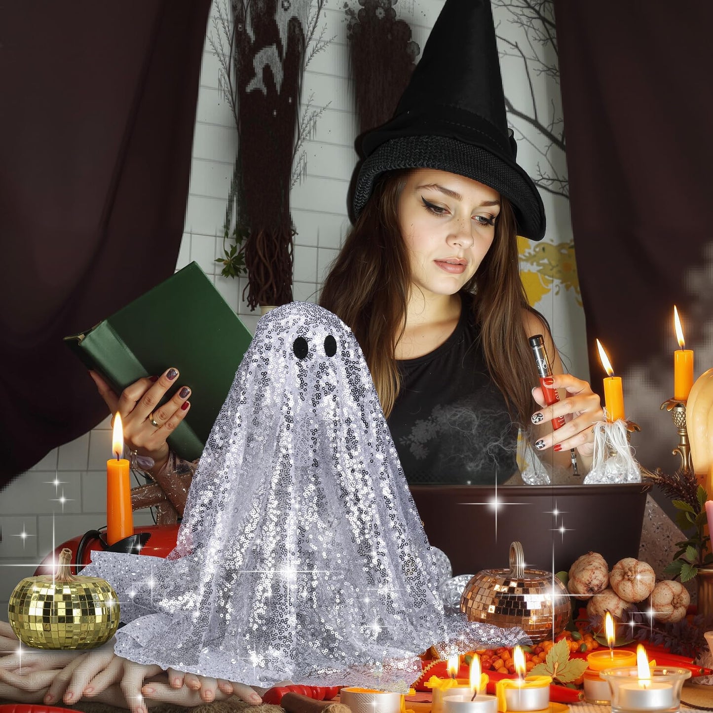 Amyhill 3 Pcs Halloween Disco Ghost Decor and Disco Pumpkin, Glitter Mirror Pumpkin Craft 9.45 Inches Large Discos Ball Ghost Table Centerpiece for Party Gift(Orange,Yellow,2.7 Inch, 3 Inch)