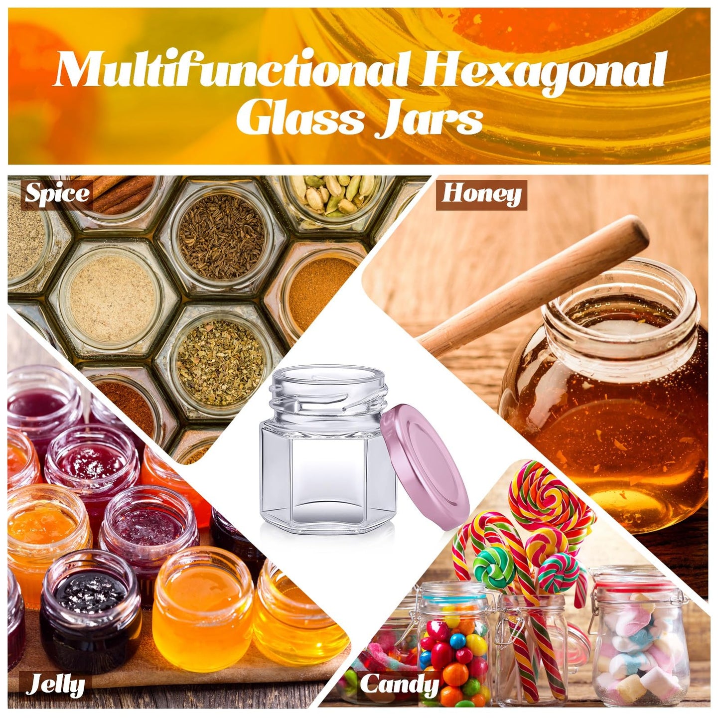Nuogo 100 Pack 1.5oz Mini Hexagon Glass Jars Bulk for Wedding Small Honey Jars with Lids for Spice Canning Mason Gifts Candy Honey Wedding Party Favors DIY Crafts (Pink)