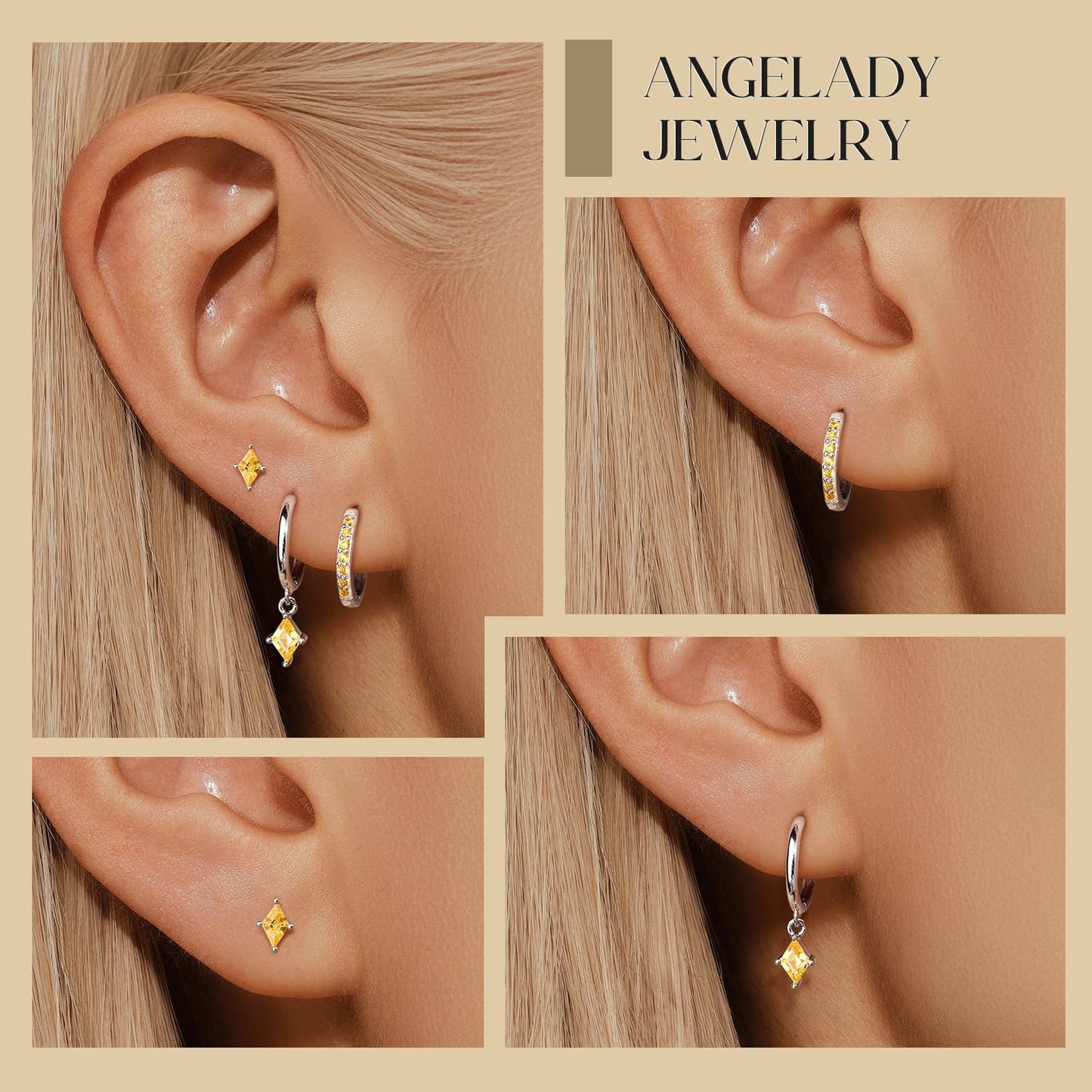 3 Pairs Sterling Silver Hoop Earrings Set for Women, Silver Hypoallergenic Yellow Earrings for Multiple Piercing, Dainty Citrine Diamond Huggie Dangle Earring Stacks Trendy Jewelry Gifts