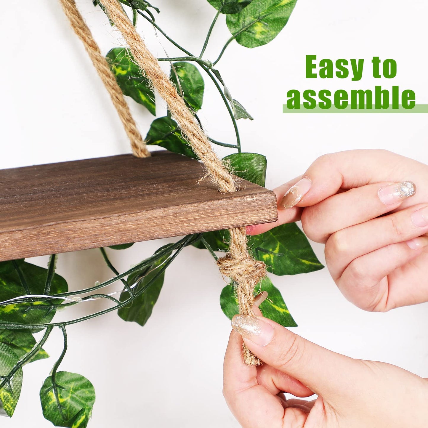 Amyhill 3 Set Artificial Ivy LED Floating Plant Shelves Wood Hanging Dorm Wall Decor Leaves and Light Strip Hanging Shelves for Bedroom Living Room Nature Wall Decoration