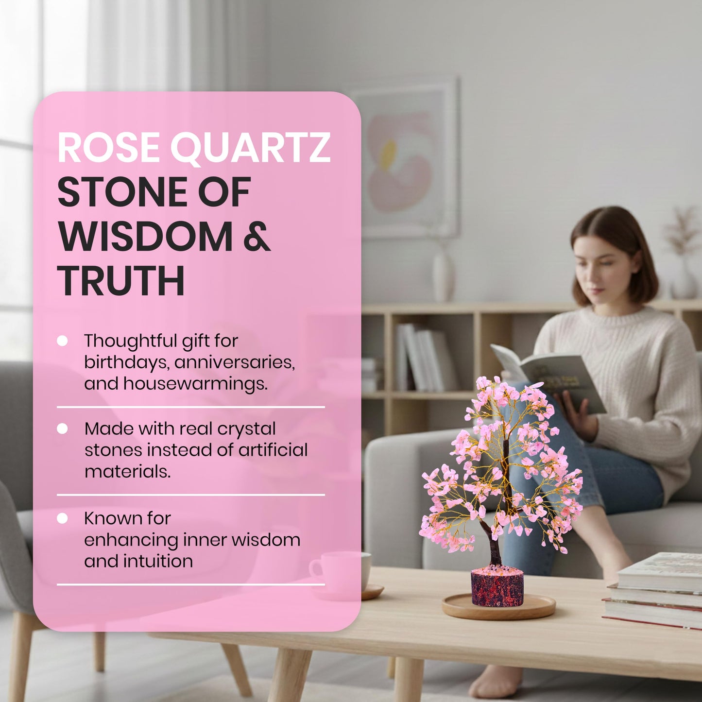AstraVeda Rose Quartz Crystal Tree of Life - Chakra Feng Shui Tree with Positive Energy - Meditation Gift - 300 Beads