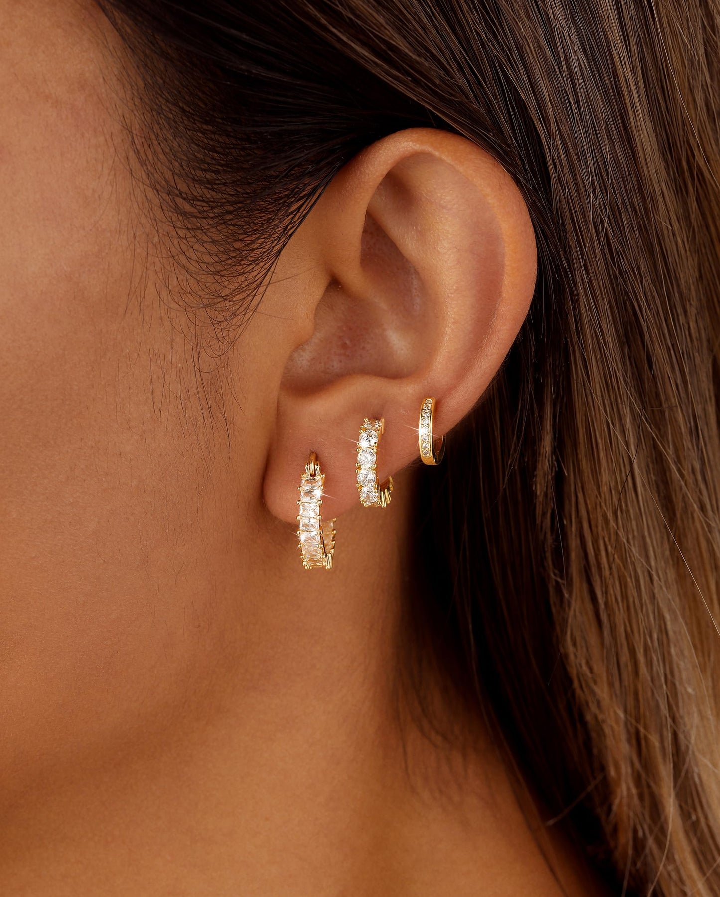 CAROVO 3 Pairs Gold Hoop Earrings for Women Trendy Dainty 14K Gold Plated Cubic Zirconia Huggie Hoop Earrings Stack for Multiple Piercing Jewelry
