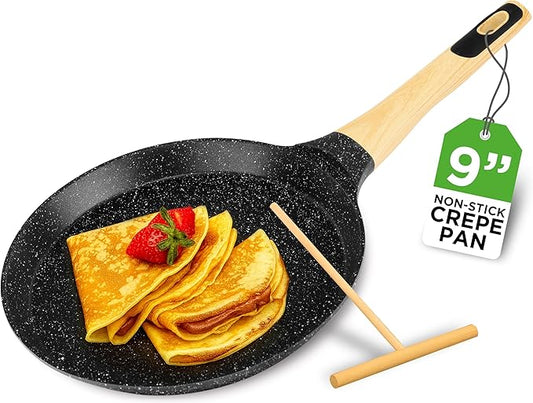 NutriChef 9.45” Non-Stick Crepe Pan with Wooden Spreader, Durable Marble Coated Dosa Pan, Bakelite Handle and Induction Bottom, PFOA/PFOS Free, Dishwasher Safe, Even Heat Distribution (Black Marble)
