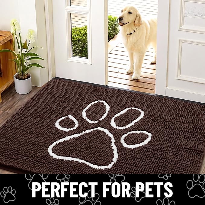 Smiry Dog Door Mat for Muddy Paws, Absorbent Dirt Trapper Non Slip Quick Dry Washable Chenille Mat for Mud Dogs, Entry Rug for Indoor and Outdoor (54x32 Inches, Brown and White)