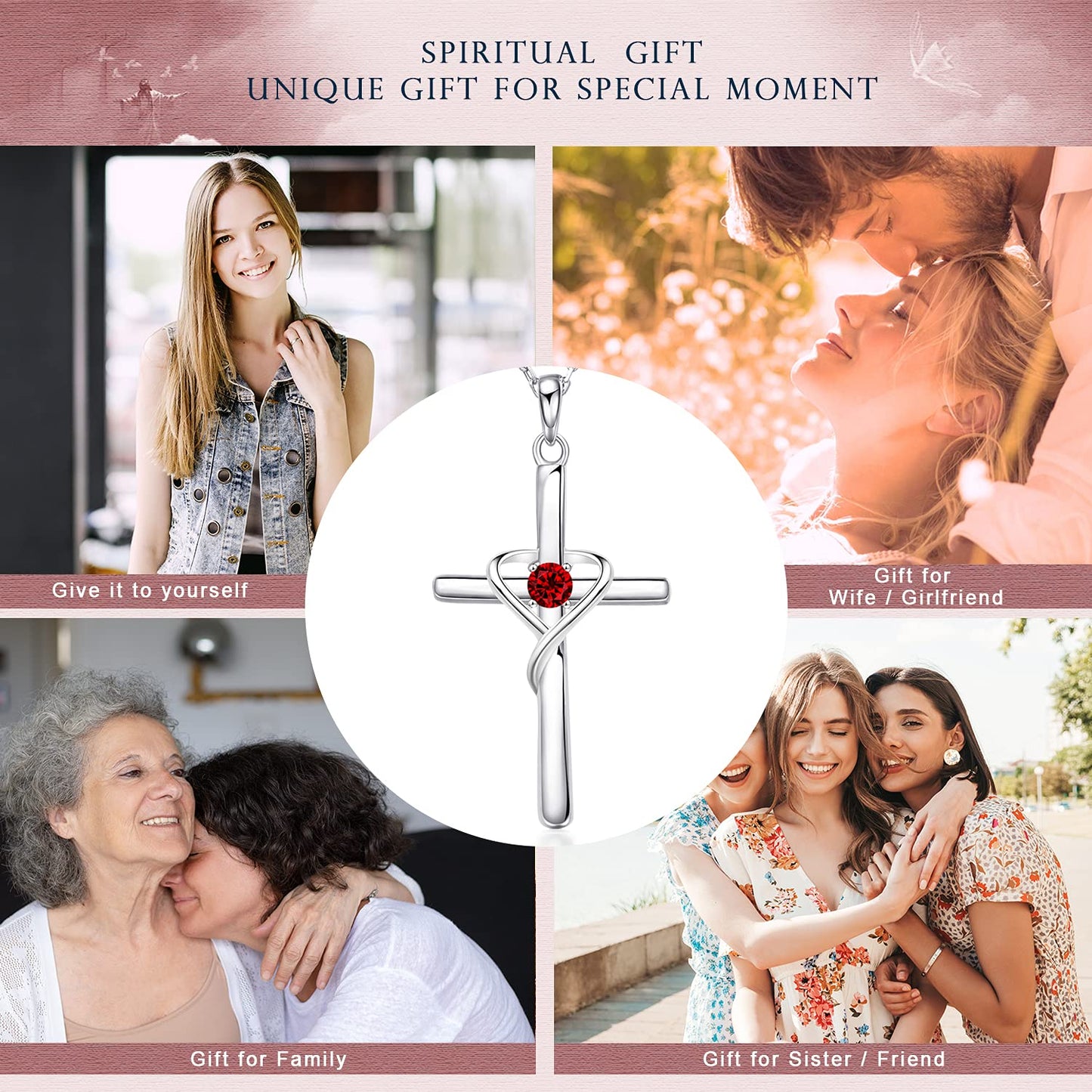 AmorAime 925 Sterling Silver Cross Necklace for Women Men 14K Gold Plated 5A CZ Birthstone Necklaces for Holiday (A.Red-Garnet-January)