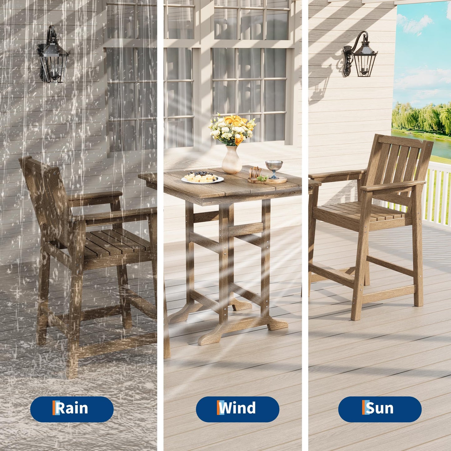 Garvee 3-Piece Outdoor Adirondack Bar Set, Patio Bar Table with 2 Bar Chairs, HDPE All-Weather Patio Bar Furniture Set with Umbrella Hole, for Balcony, Backyard, Poolside, Bistro