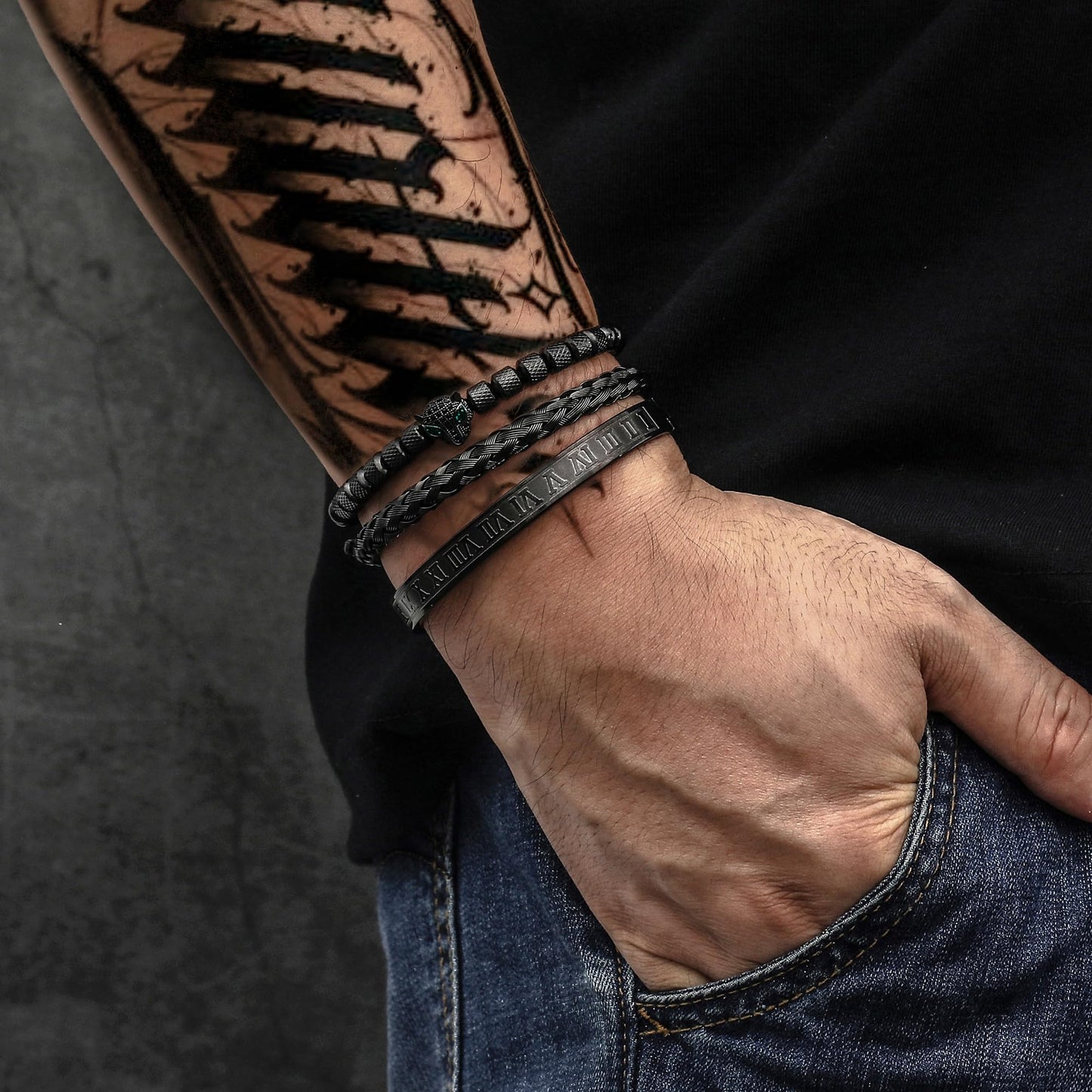 WFYOU 3PCS Stainless Steel Bracelets for Men Gold Roman Numeral Bangle Bracelet Twisted Cable Bracelet Adjustable Cuff Bracelet Mens Luxury Jewelry Bracelets Gifts(O:Black-CZ Leopard Head)