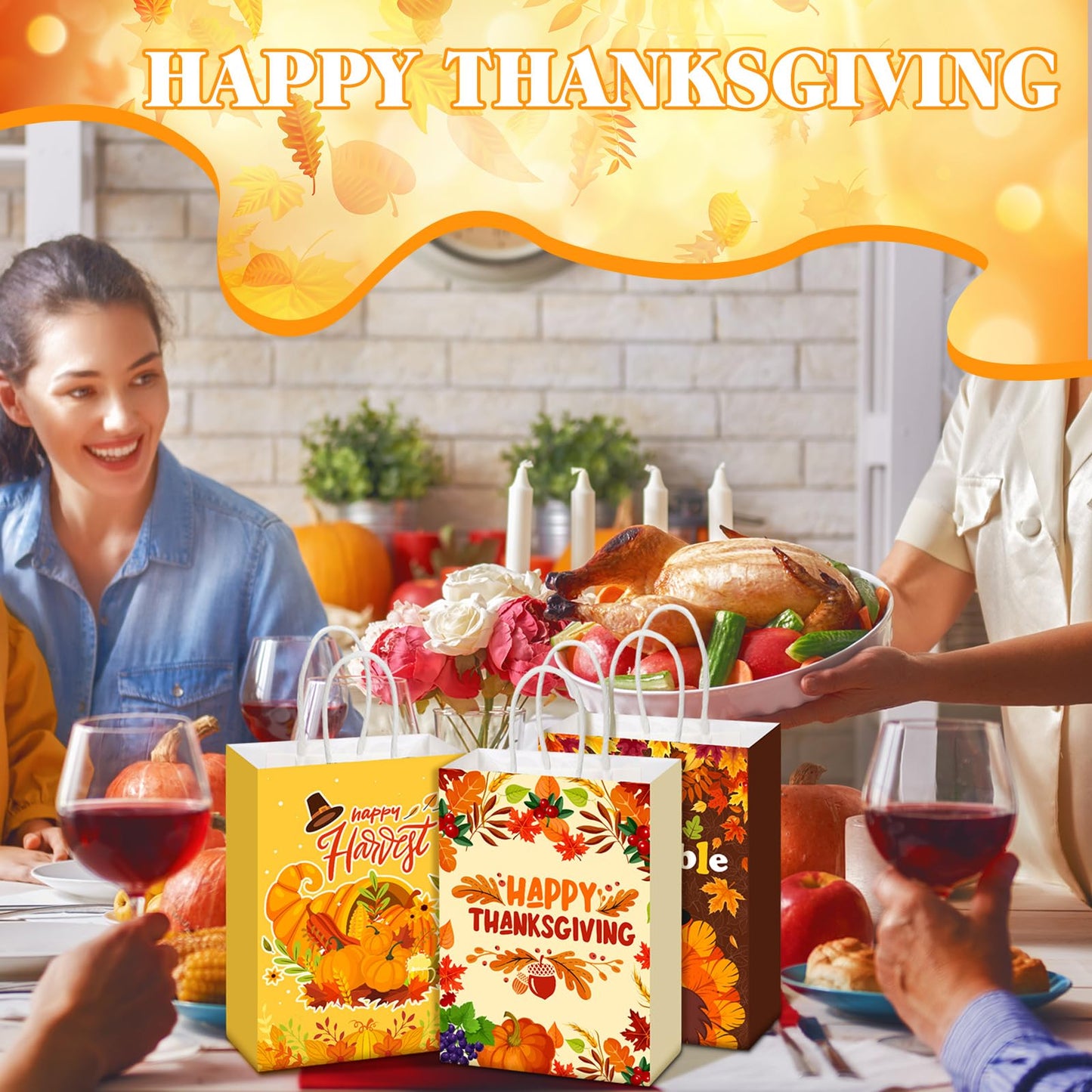 Qeeenar 36 Pcs Thanksgiving Gift Bags Fall Turkey Party Favors Pumpkin Turkey Goodie Candy Paper Bags with Handles Autumn Harvest Treat Pouch for Thanksgiving Party Decorations Supplies