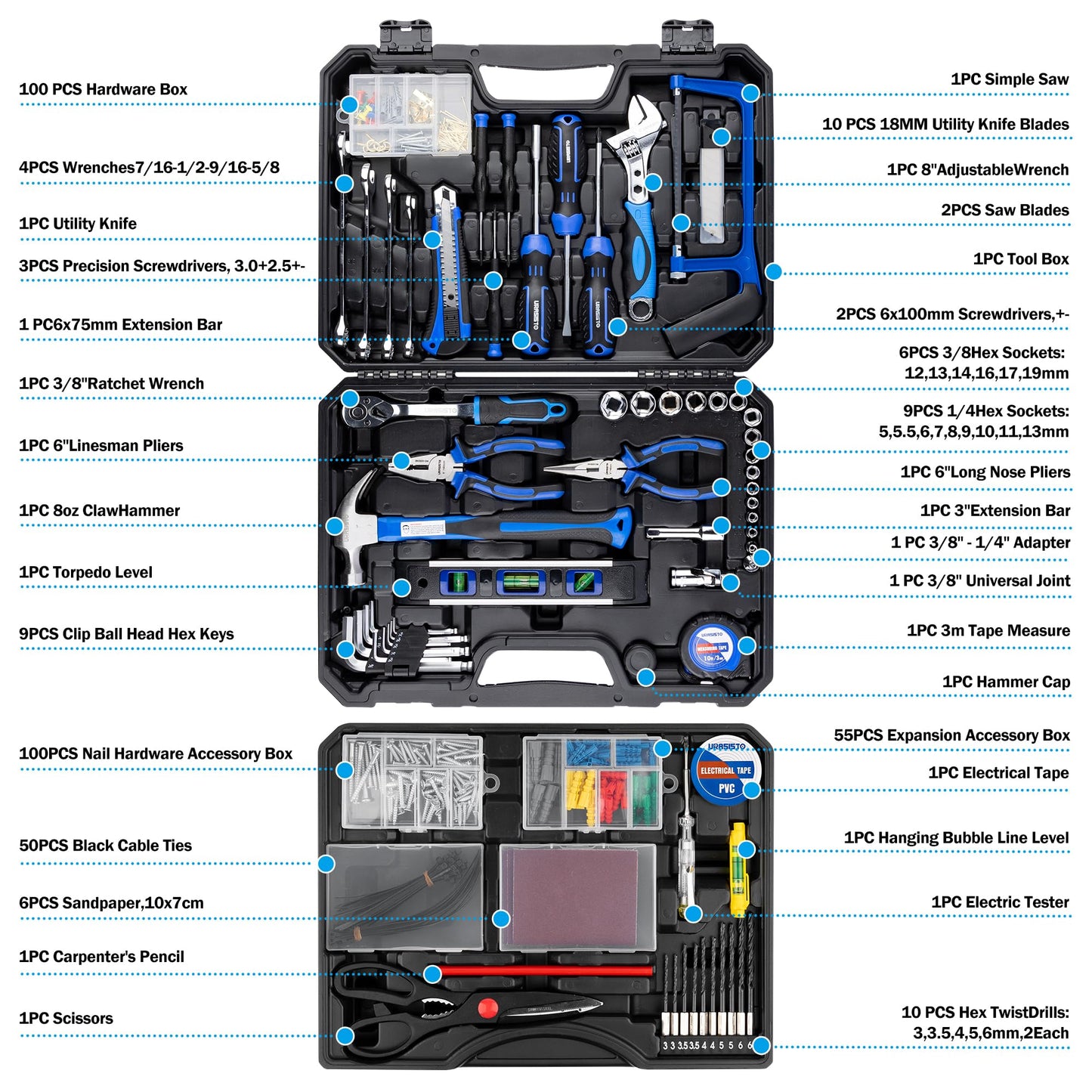 URASISTO 366 Piece Home Repair Tool Kit, Auto Repair Tool Set, General Home Toolbox Storage Case with Drawer, General Household Tool Kit