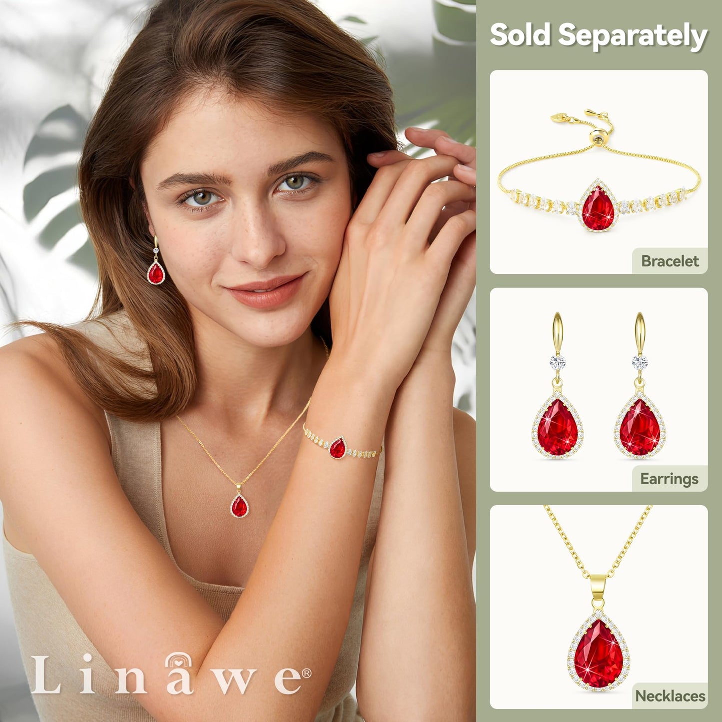 Jertom 14k Gold Plated Copper Pear-Shaped Teardrop CZ Diamond Ruby Pendant Necklace with Rhinestone Inlaid Fashion Necklace for Women Bride Bridesmaid, ruby teardrop gold