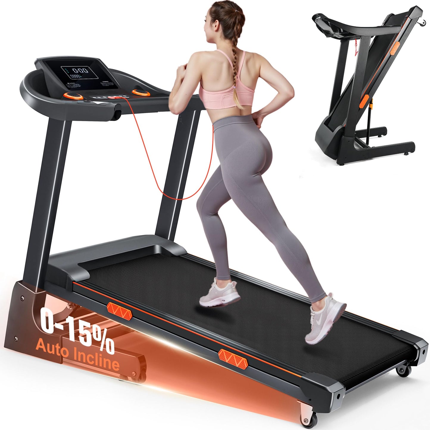 Treadmill with Incline 15%, Auto Foldable Treadmills, 3.5HP Sturdy Running Treadmill for Home - Running & Walking, Wide Treadmills for Home with 320LBS Capacity, Pulse Monitor & Speaker (Black)