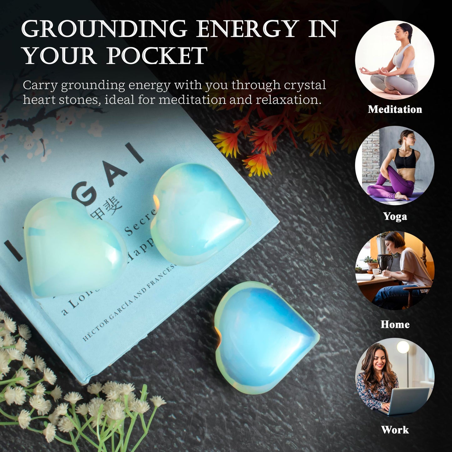 Crocon 50mm Opalite Heart stone Big Heart Shape Puff Stones Set 450+ Carats Pocket Crystal Healing Tumble Collection Palm Worry Stone Good Luck Charm Meditation Gift Craft Home Decor