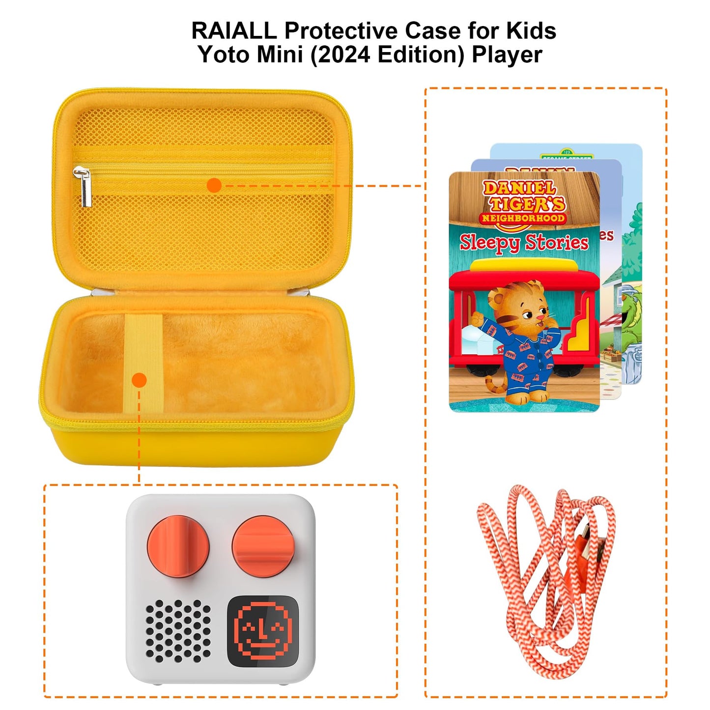 RAIALL Carrying Case for Yoto Mini (2024 Edition) Kids Bluetooth Audio Player, Yoto Mini Radio Player Hard Holder, Yoto Card Travel Case Bag fits Children’s Audiobook Cards and Cable, Yellow