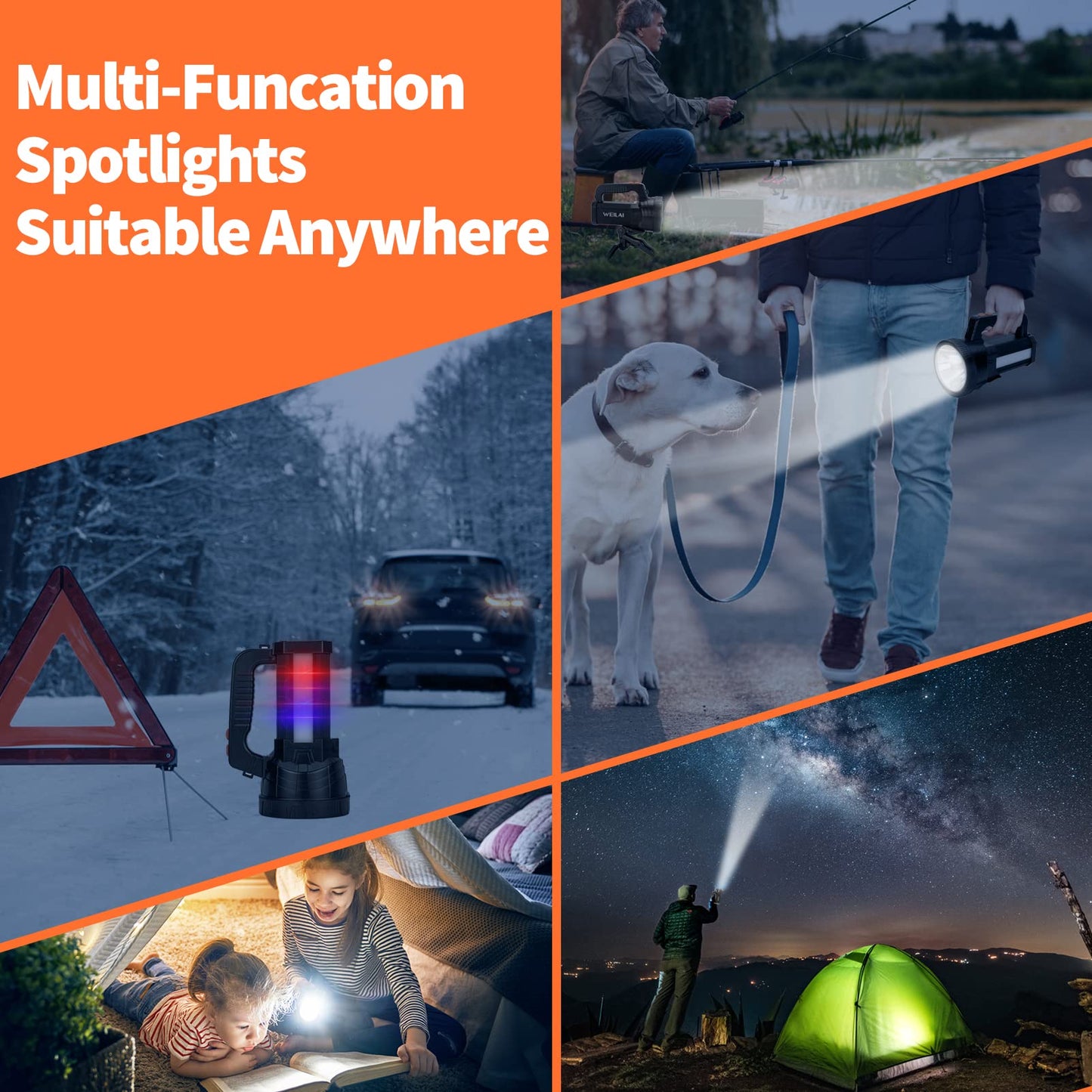 WEILAI Super Bright Handheld LED Flashlight, USB Rechargeable Powerful Searchlight with 6 Light Modes, Waterproof Tactical Torch, Portable Lantern with Side Floodlight for Camping, Hunting, Emergency