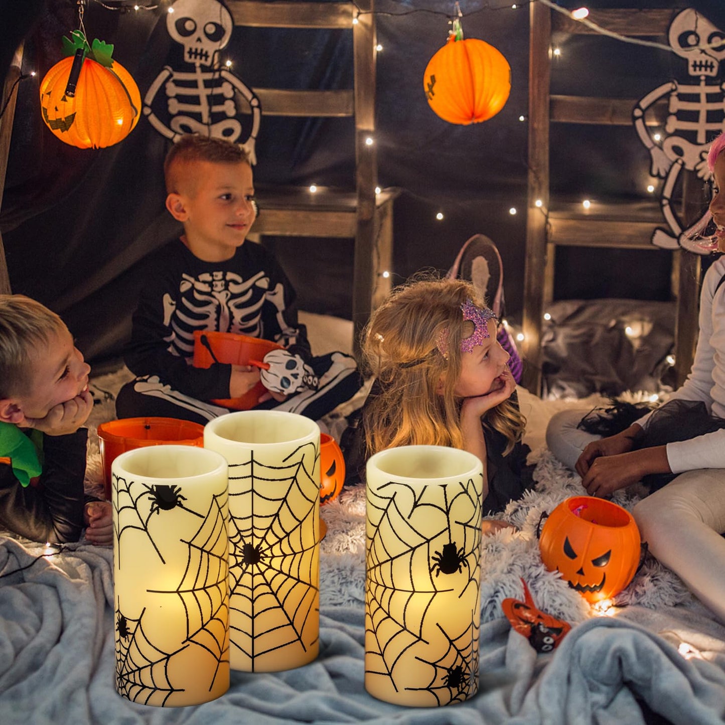Wondise Halloween Flickering Flameless Candles with Spider Decals, Battery Operated Candles with 6hrs Timer, Real Wax Halloween LED Candles for Horror Spooky Halloween Home Decoration(Set of 3, 3"x6"")"