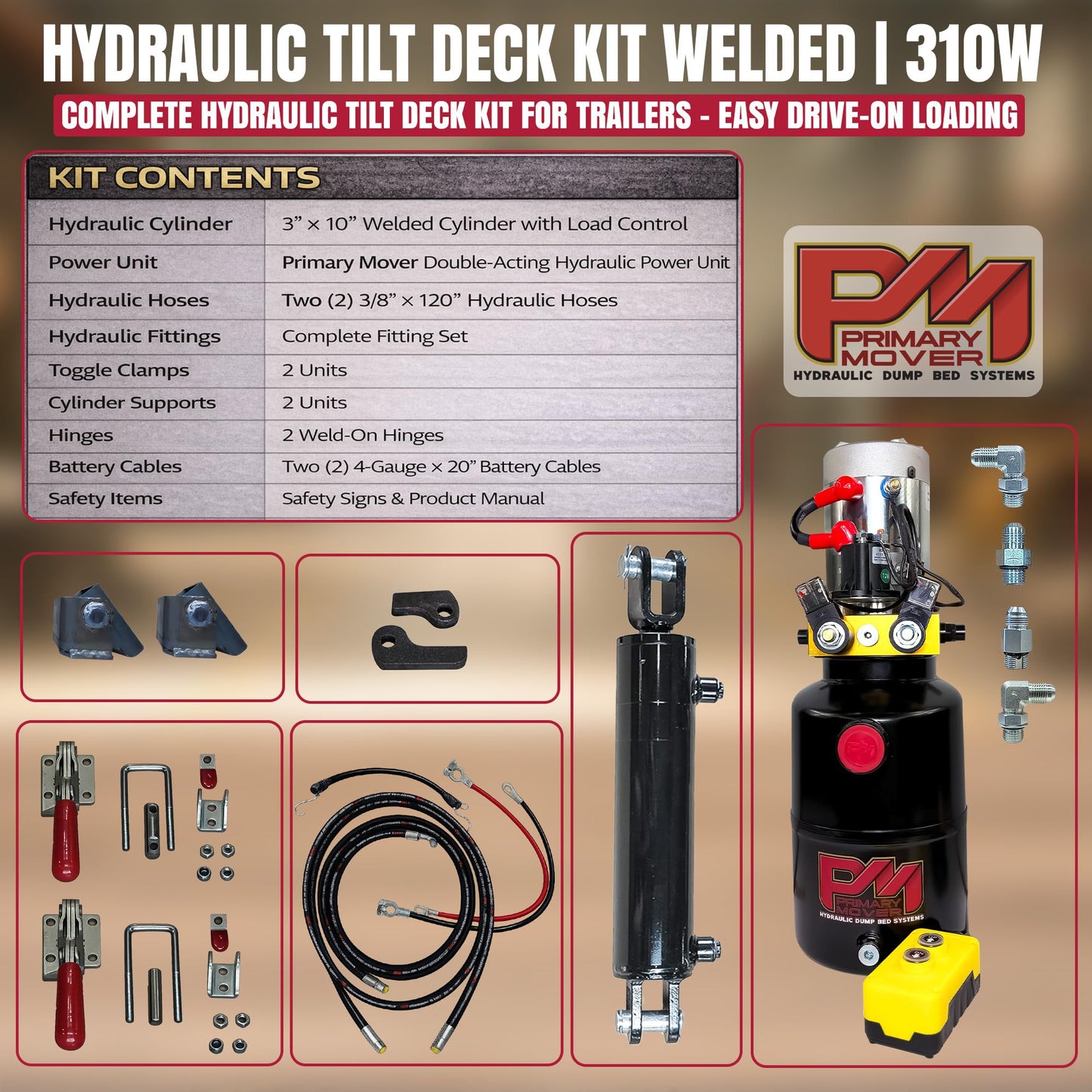 Hydraulic Tilt Deck Kit 310 for Trailers with Cylinder Assembly (Welded Cylinder) PTD-310-K