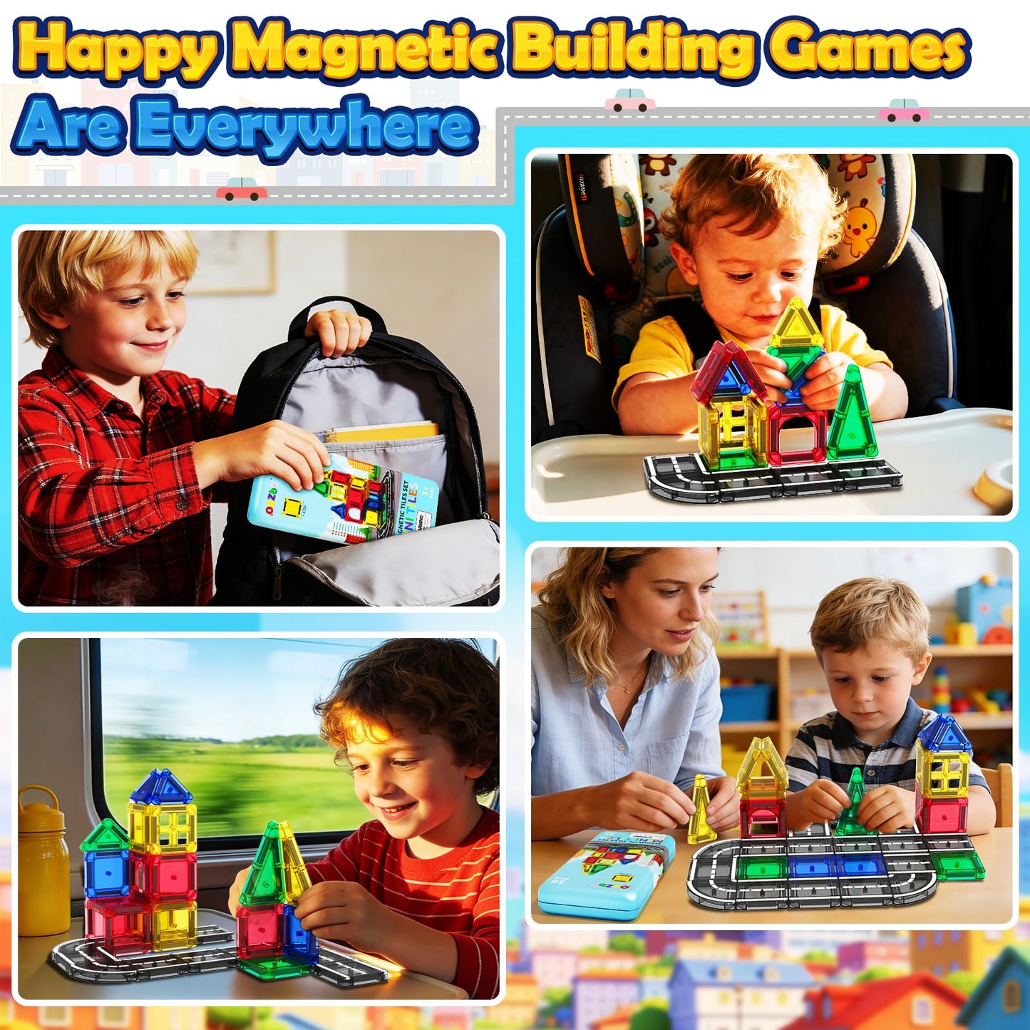 ORZbb Mini Magnetic Tiles Road with Case Toddler Travel Toys Trip Essentials Set, Magnetic Building Blocks Toys for 3 4 5+ Year Old Boys Girls Montessori Sensory Learning Easter Birthday Gifts