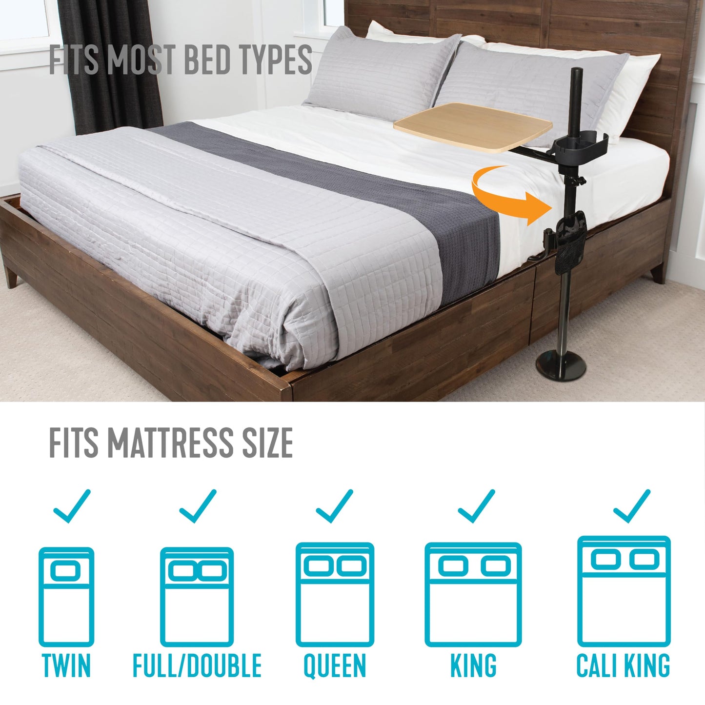 Stander EZ Swivel Overbed Table, Adjustable Medical Lap-Desk and Large Bedside-Tray with Cupholder, Tablet Holder & Organizer Pouch, 360 Degree Rotating Tray & Laptop Computer Desk for Home Beds