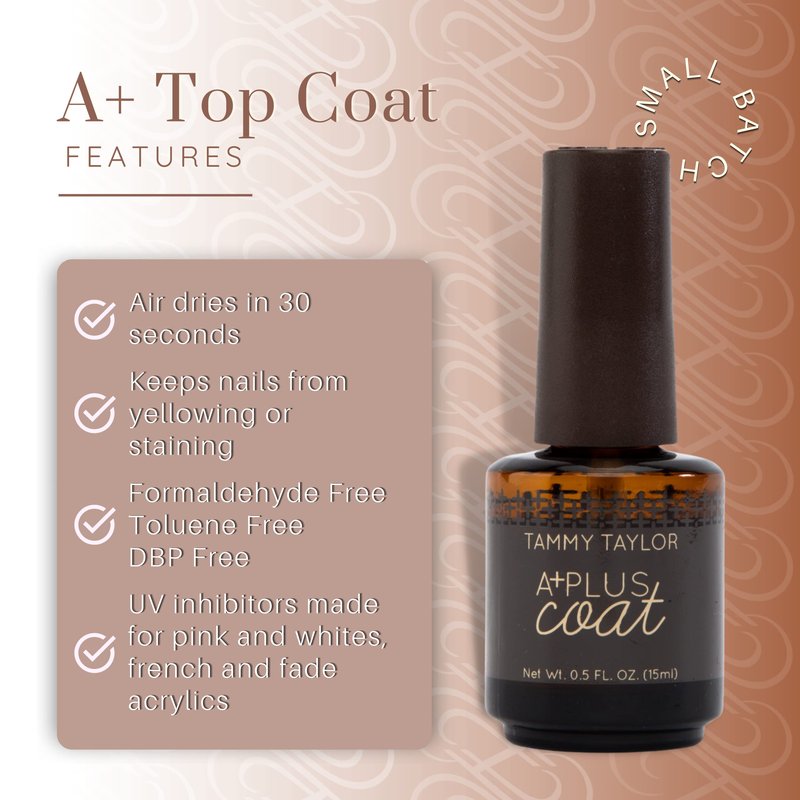Tammy Taylor A+ No Wipe Top Coat Nail Polish, Professional Acrylic Sealer for Pink + White Acrylic Nails with UVA/UVB Manicure Protection, Air Dries in 30 Seconds Non Yellowing, No Chip, High Gloss