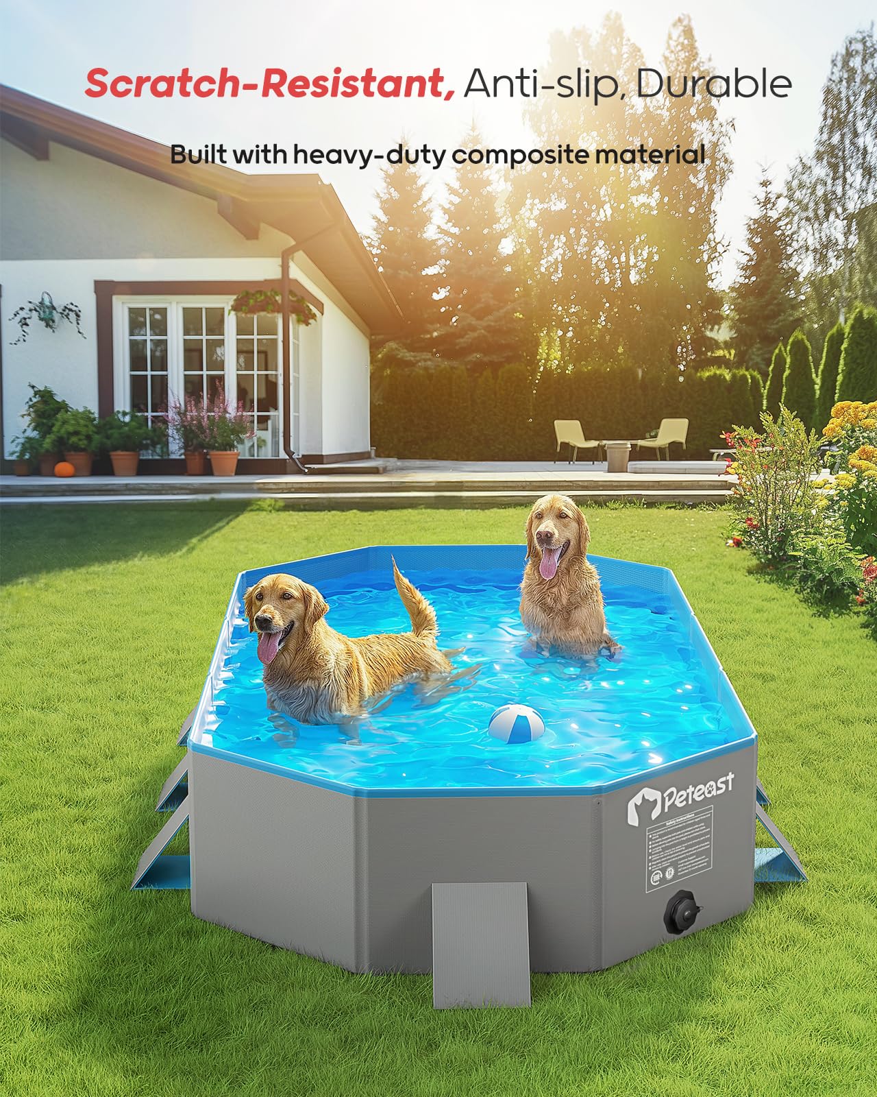 Peteast Foldable Dog Pool with Sturdy Square Design, Durable 71" Lx39 Wx12 D Extra Large Portable Pet Bathtub with Reinforced Sidewalls for Stability, Ideal for Indoor & Outdoor Use (Blue&Gray)