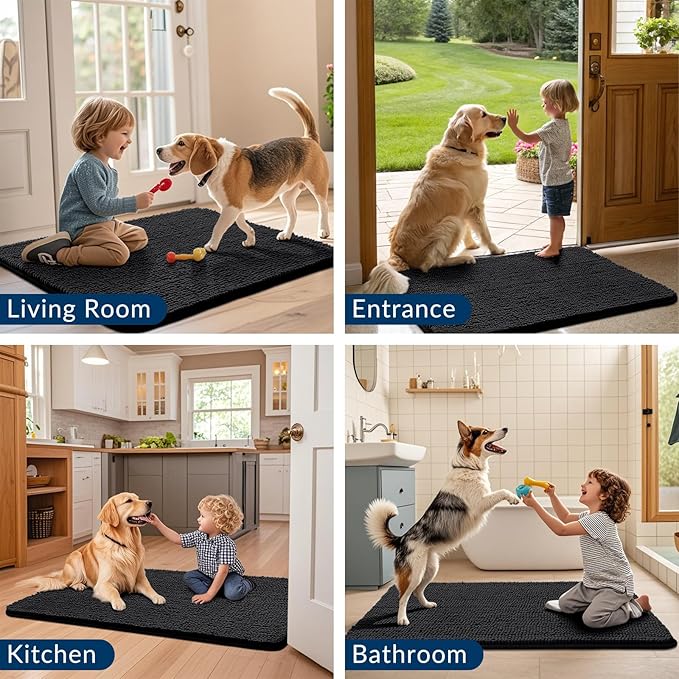 Smiry Dog Door Mat for Muddy Paws 40x24, Absorbs Moisture and Dirt Doormat, Non-Slip Washable Quick Dry Chenille Front Door Mat Indoor Entrance, Entryway Carpet for Inside Floor, Black