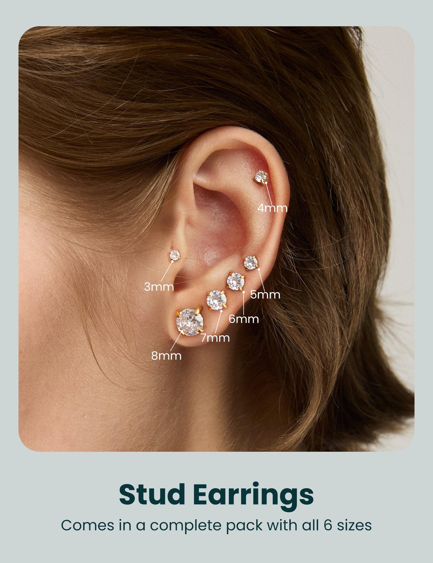 6 Pairs Stud Earrings Hypoallergenic Cubic Zirconia 316L Earrings Stainless Steel CZ Earrings Set 3-8mm (gold)