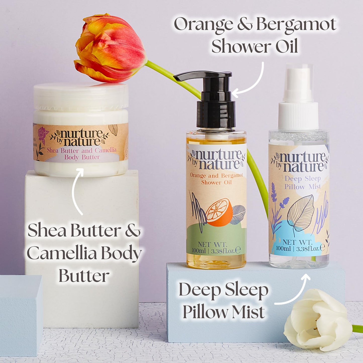 Nurture by Nature New Mom Self Care Gift Set with Body Scrub, Lavender Pillow Spray, Sleep Mask, Body Butter, Shower Gel & Bath Salts - Vegan Friendly - Stocking Stuffer, Baby Shower Gift Basket