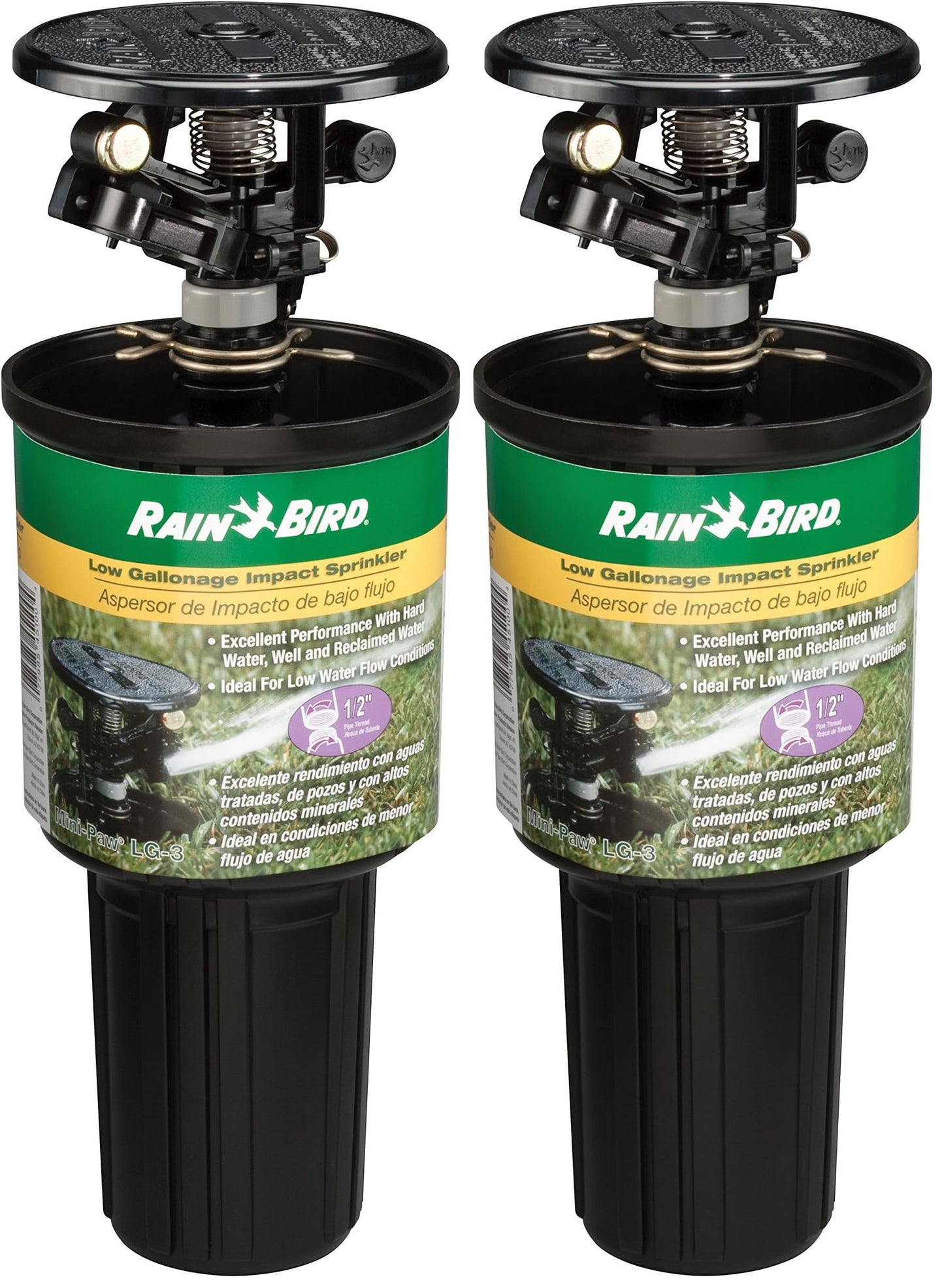 Rain Bird LG-3 Low Gallonage Pop-up Impact Lawn Sprinkler, Adjustable 20Â° - 360Â° Pattern, 26' - 41' Spray Distance, Black (Pack of 2)