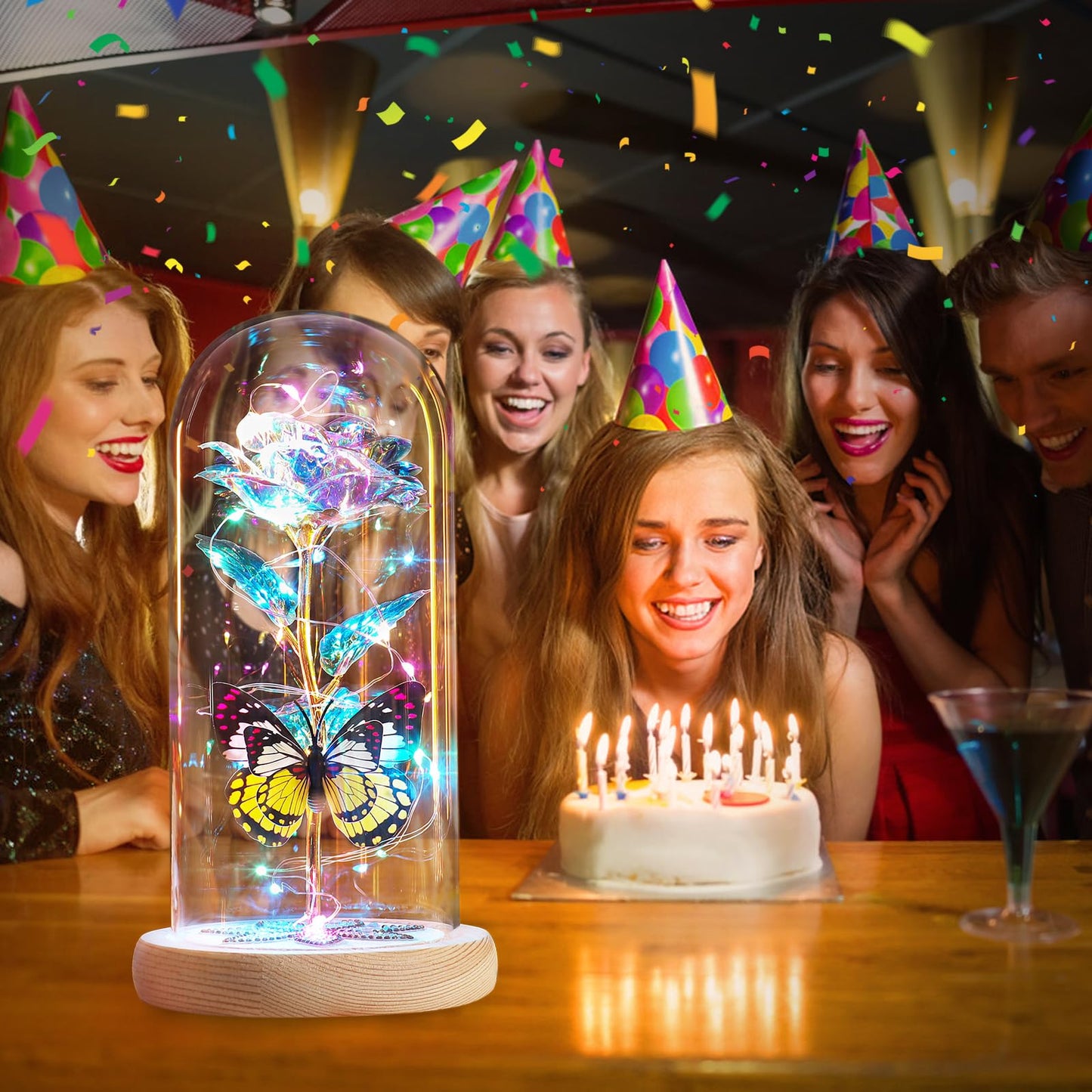 Beferr Birthday Gifts for Women Galaxy Glass Rose Forever Preserved Flowers for Delivery Light Up Rose in Glass Dome Mothers Day Butterfly Gifts for Mom Wife Grandma Her Daughter Girlfriend
