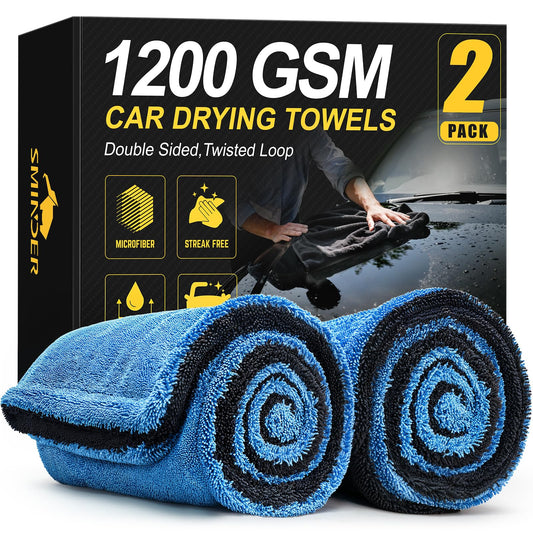SMINDER 2-Pack 1200 GSM Car Drying Towels – Microfiber Towels for Cars (36" x 24"), Ultra-Absorbent, Streak-Free, Scratch-Free, No Water Spots, Double-Twist Pile & Edgeless Design(Blue)
