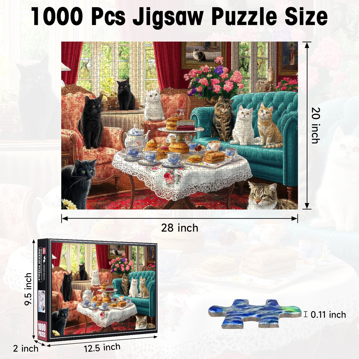 Cat Afternoon Tea Puzzles for Adults 1000 Pieces, Vintage Cat Jigsaw Puzzle with Letters on Back, 28x20 Inch Wall Art, Hard Challenging Family Game, Easter