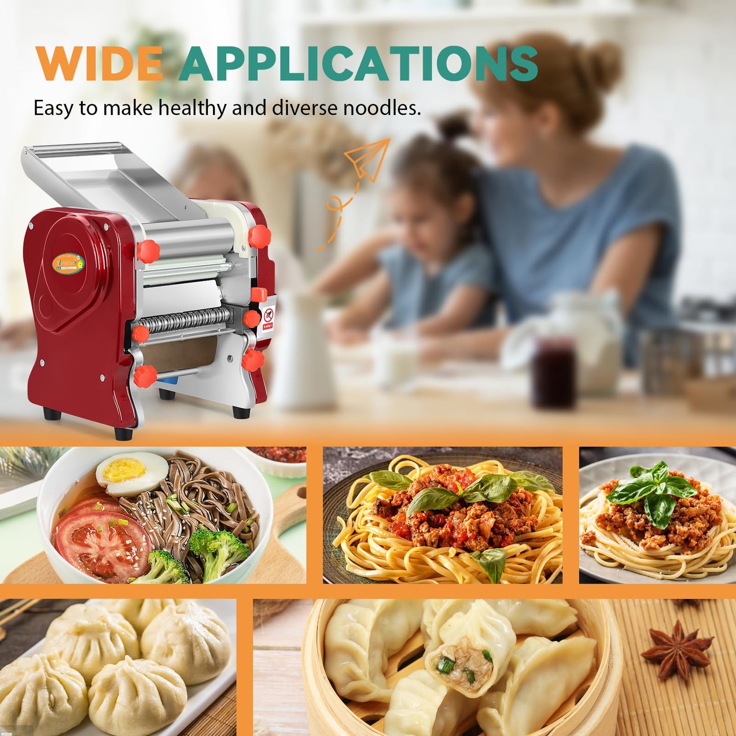 Newhai Commercial Electric Pasta Maker, Automatic Noodle Machine, 2-in-1 Heavy Duty Dough Roller Pressing Machine, with 2mm/6mm Blade, 550W Stainless Steel (with a 2mm/6mm dual use blade)