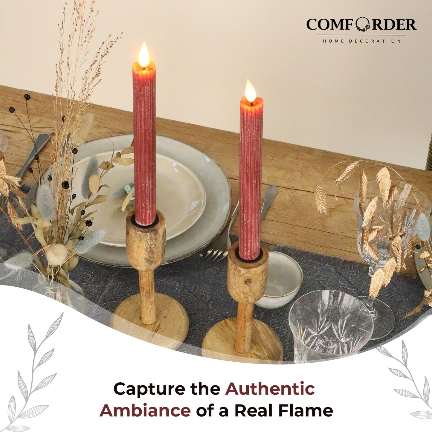 comforder Flameless Taper Candles – Flickering LED Flame with 6H Timer – Real Wax, Ribbed Design – Battery Operated Set of 2 – 10" Tall (Burgundy Red)"