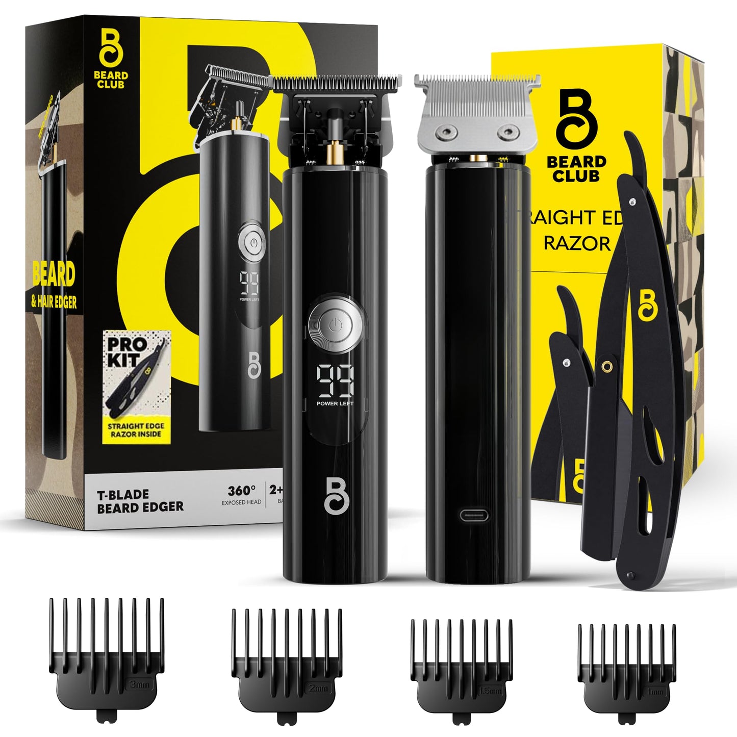 The Beard Club Professional T-Blade Beard Trimmer for Men with Straight Razor - Barber Electric Shaver & Hair Clippers for Men â Zero Gapped Cordless Hair Trimmer & Edger, Line Up Grooming Kit