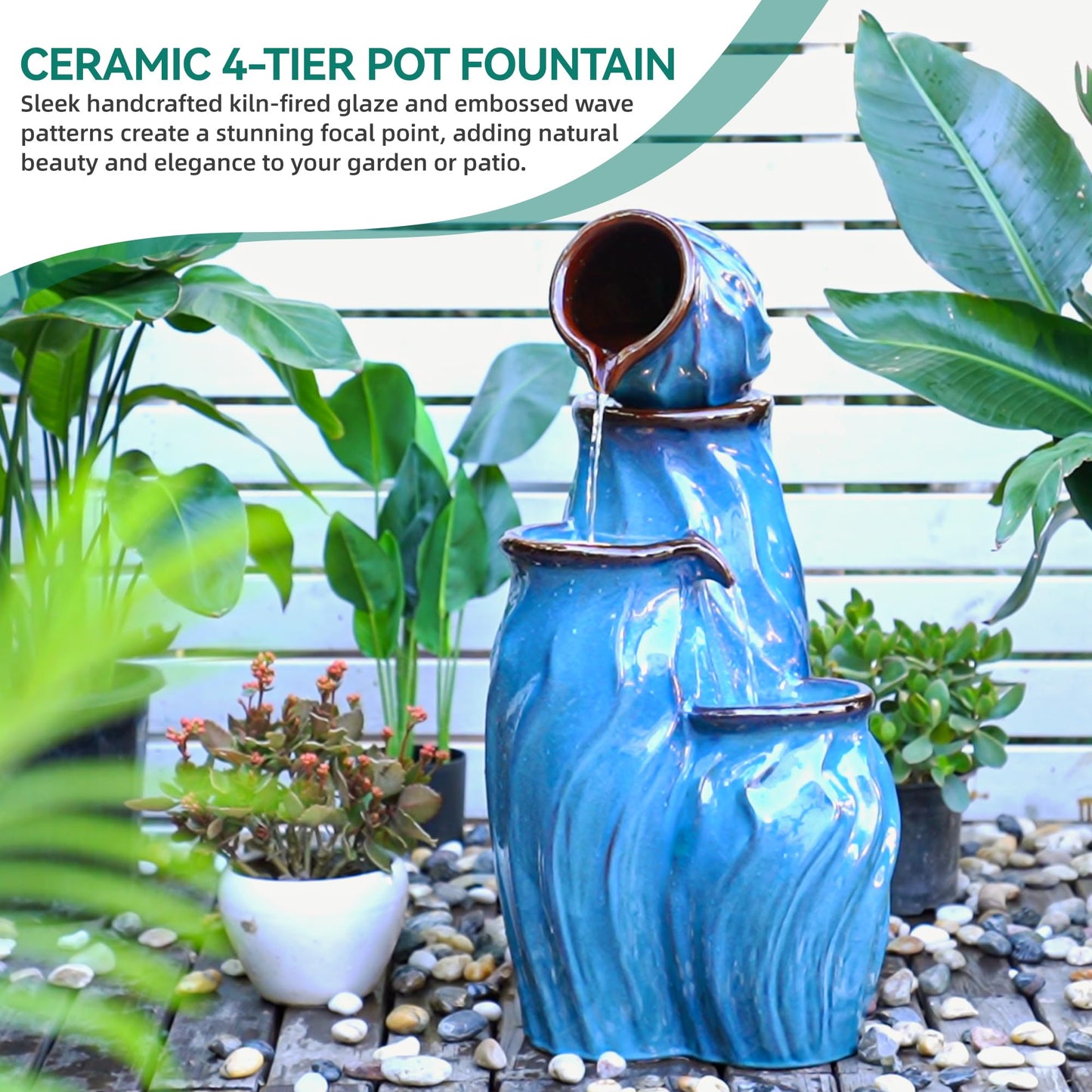 Ultym 29" Ceramic Outdoor Fountain with Lights, 4-Tier Pots Waterfalls Patio Water Fountain, Tranquil Oasis for Relaxing Garden, Yard, or Porch Decor, Turquoise, Dynamic Wave-Texture