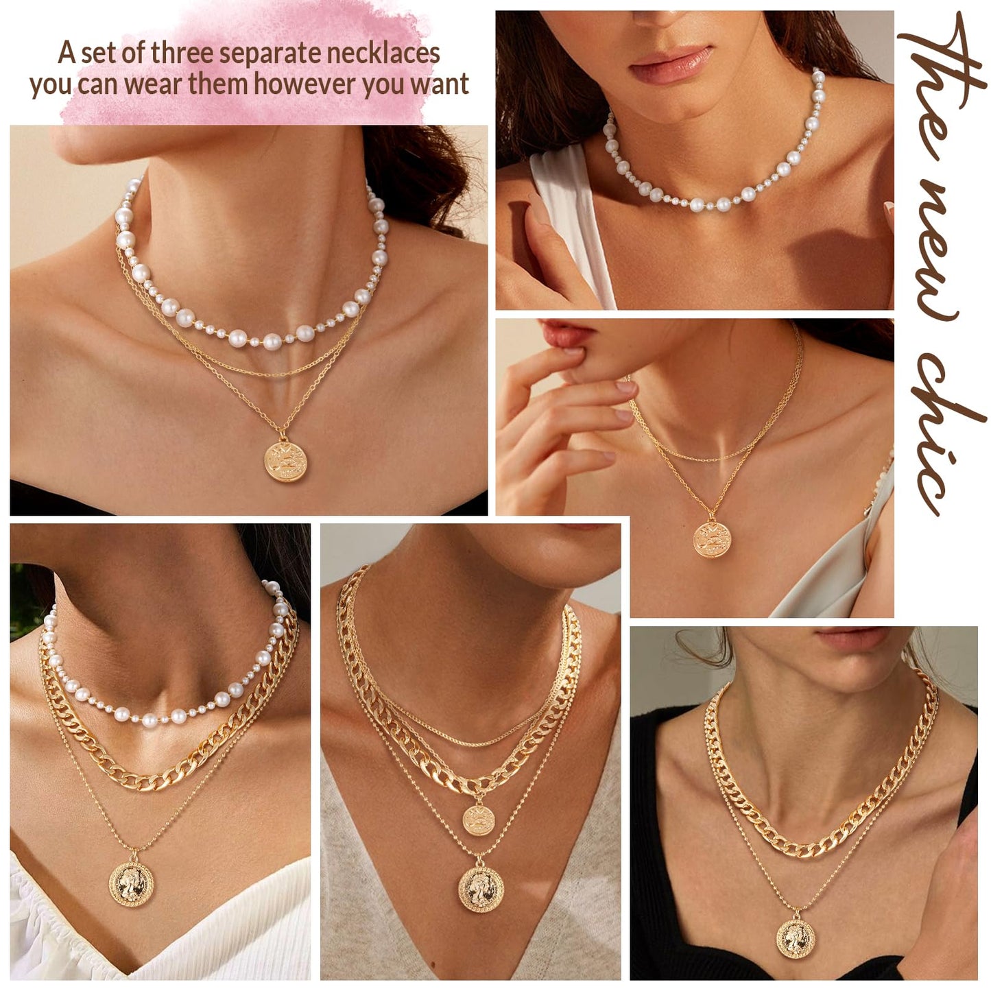 MJartoria Gold Layered Necklaces for Women Trendy Retro Coin Pendant Necklace Dainty Chunky Chain Choker Necklaces for Jewelry Birthday Gifts (Pearl-3PCS, Gold)